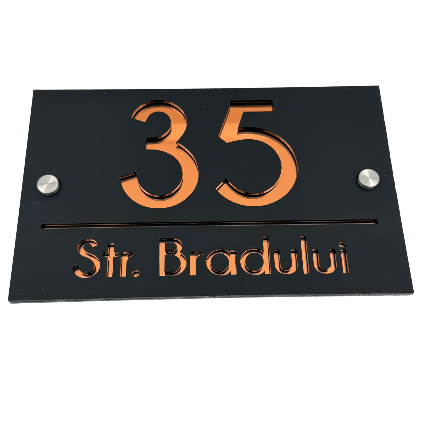 PREMIUM HOUSE NUMBER - Satin Black Copper Mirror 2 Spacers Silver - 24×15 cm