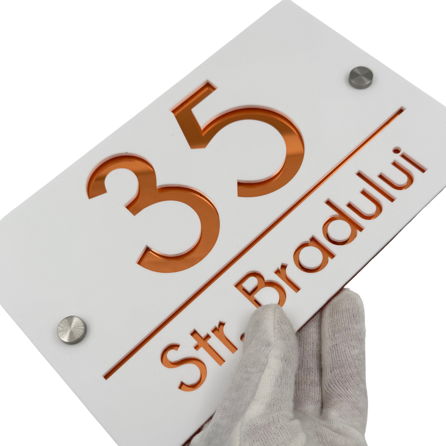 PREMIUM HOUSE NUMBER - White Satin Copper Mirror 2 Spacers Silver - 24×15 cm