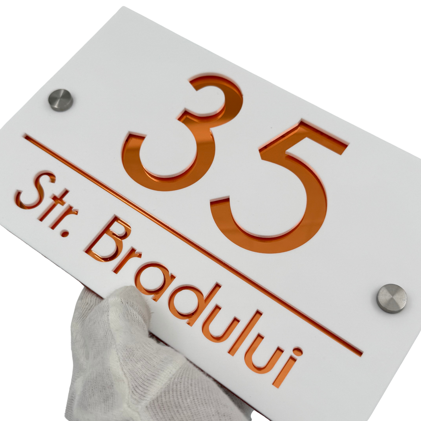 PREMIUM HOUSE NUMBER - White Satin Copper Mirror 2 Spacers Silver - 24×15 cm