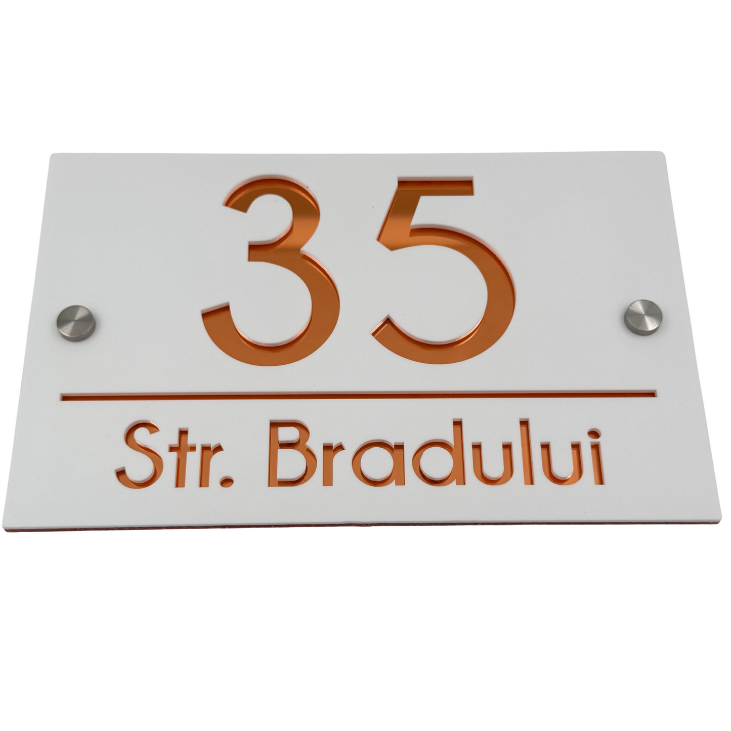 PREMIUM HOUSE NUMBER - White Satin Copper Mirror 2 Spacers Silver - 24×15 cm