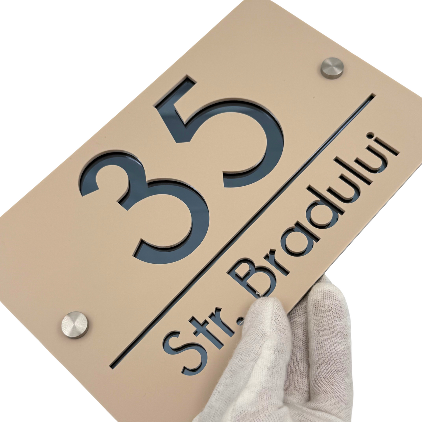 PREMIUM HOUSE NUMBER - Cream colour Satin Anthracite Grey Mirror 2 Spacers Silver - 24×15 cm