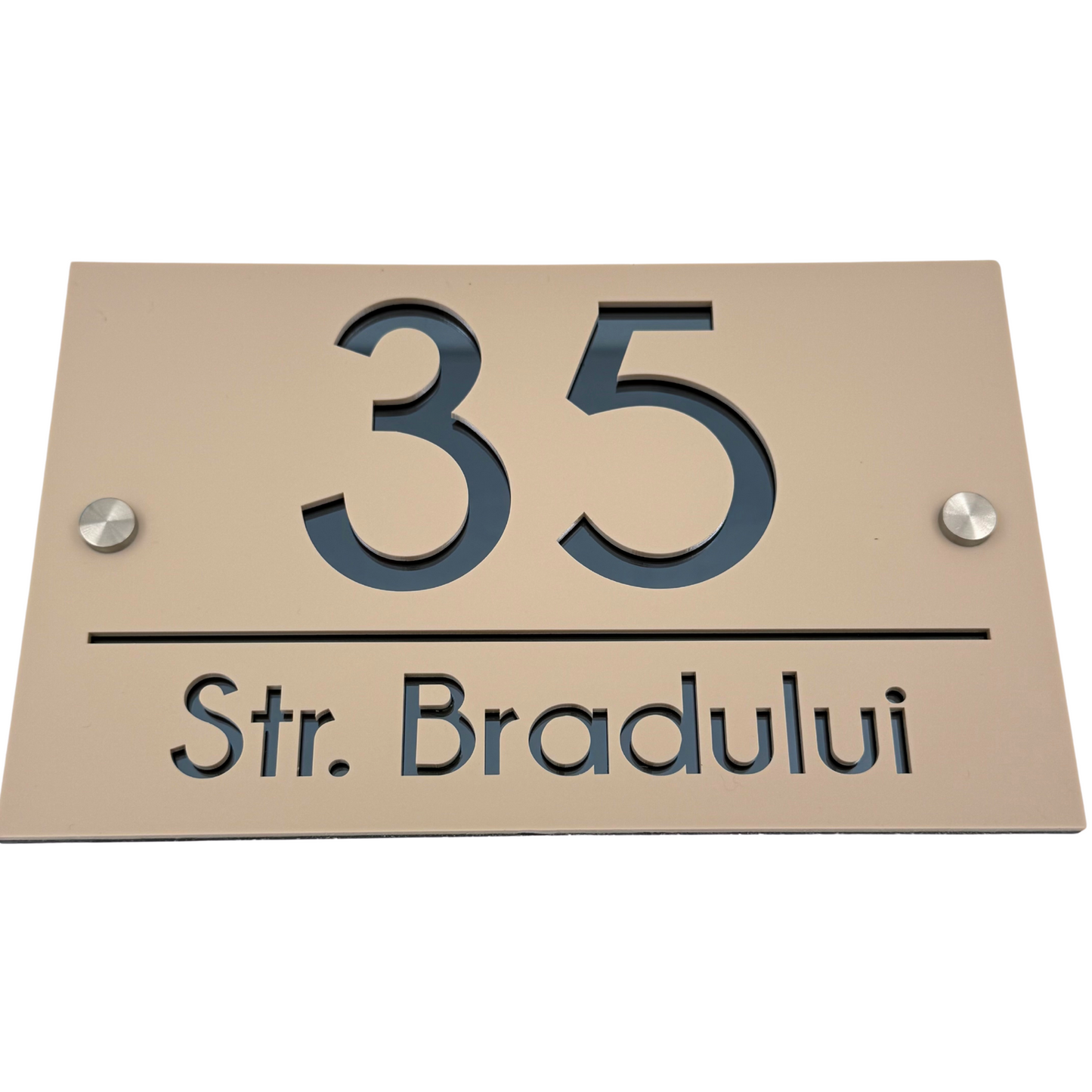 PREMIUM HOUSE NUMBER - Cream colour Satin Anthracite Grey Mirror 2 Spacers Silver - 24×15 cm