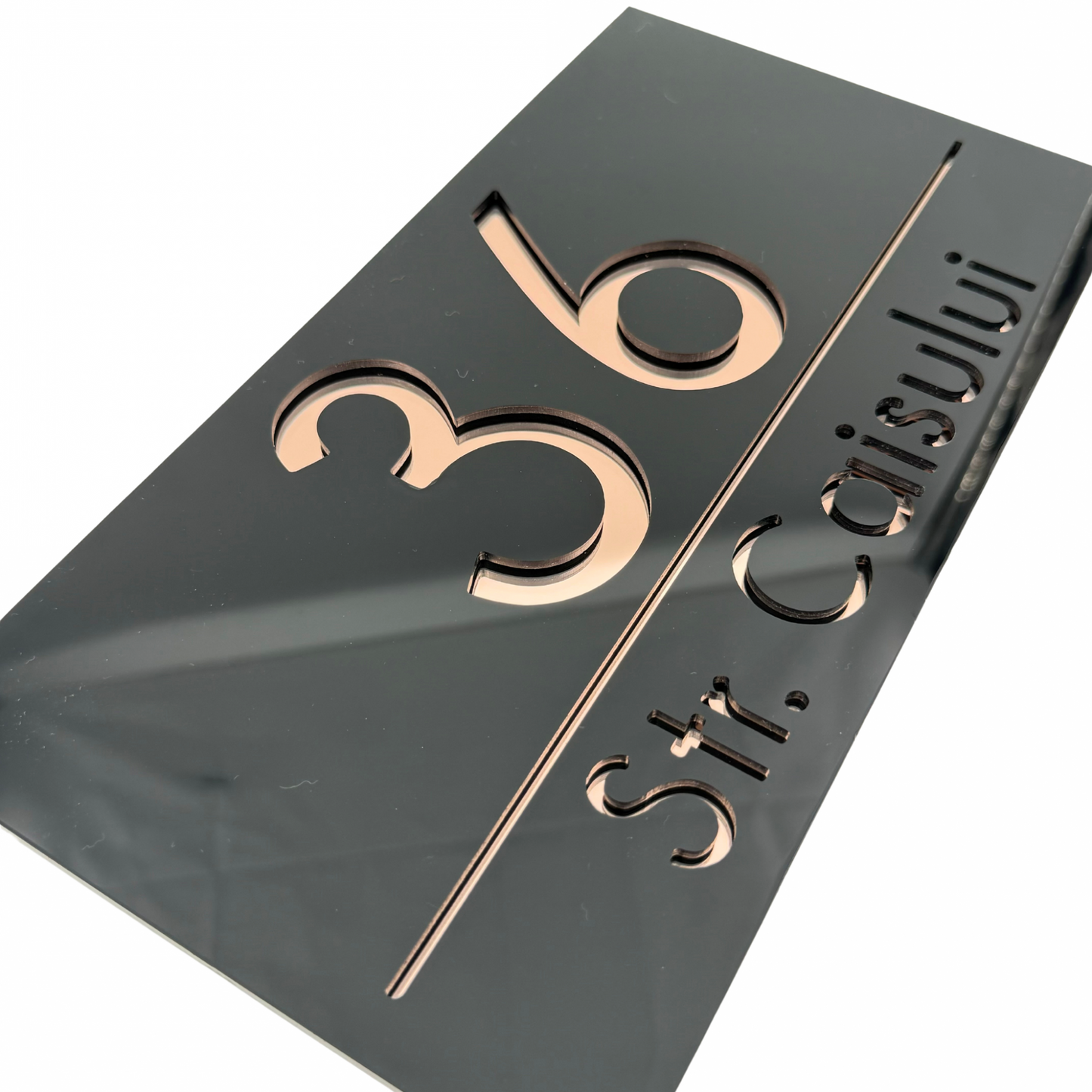 PREMIUM HOUSE NUMBER - Glossy Black Rose Gold Mirror - 28×15 cm