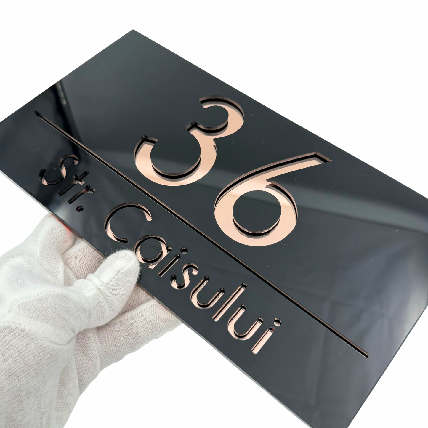 PREMIUM HOUSE NUMBER - Glossy Black Rose Gold Mirror - 28×15 cm
