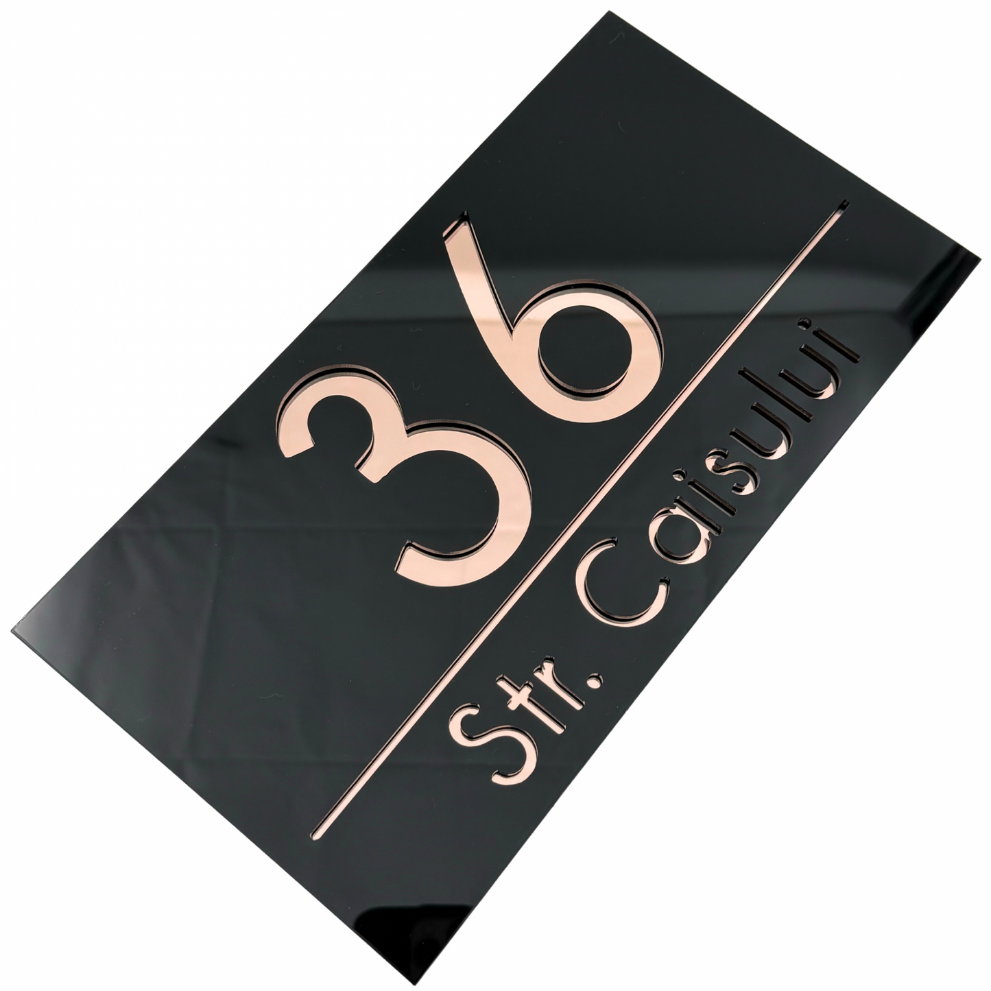 PREMIUM HOUSE NUMBER - Glossy Black Rose Gold Mirror - 28×15 cm