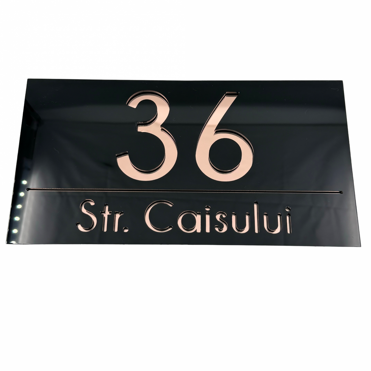 PREMIUM HOUSE NUMBER - Glossy Black Rose Gold Mirror - 28×15 cm