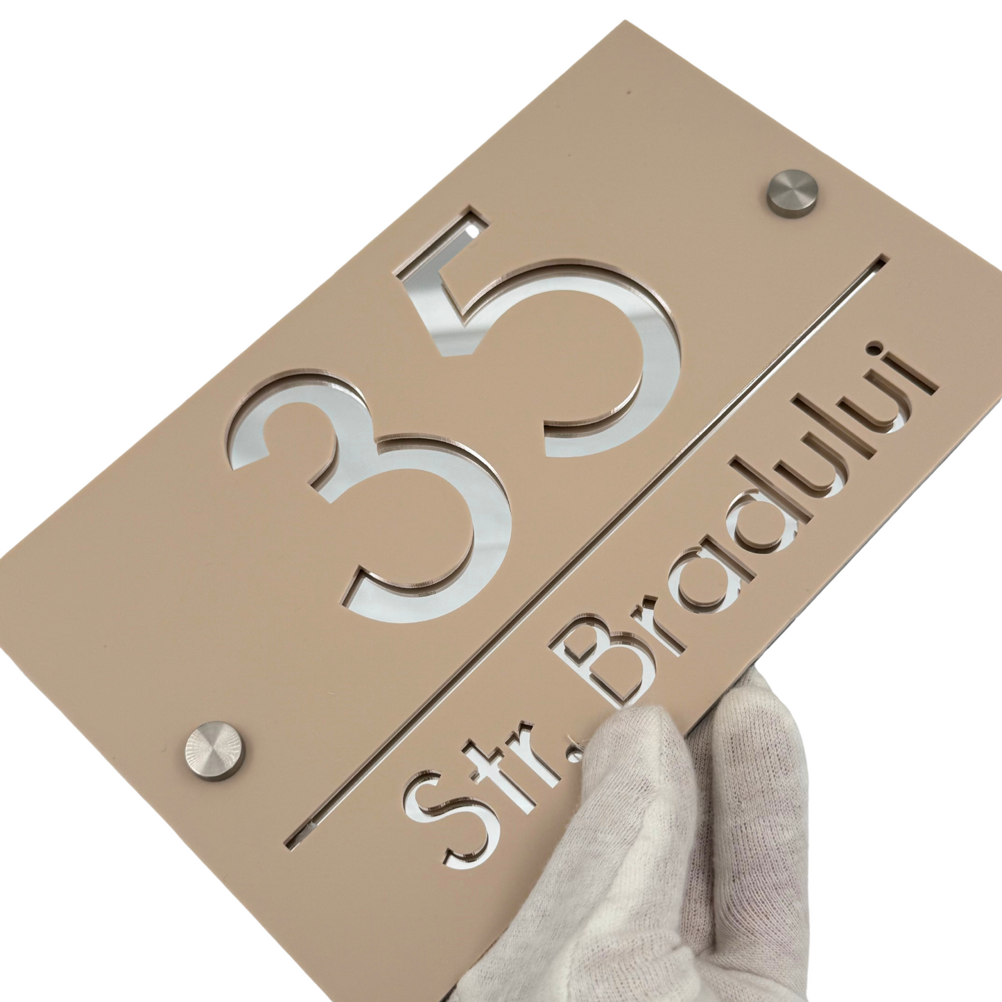 PREMIUM HOUSE NUMBER - Cream colour Satin Silver Mirror 2 Spacers Silver - 24×15 cm