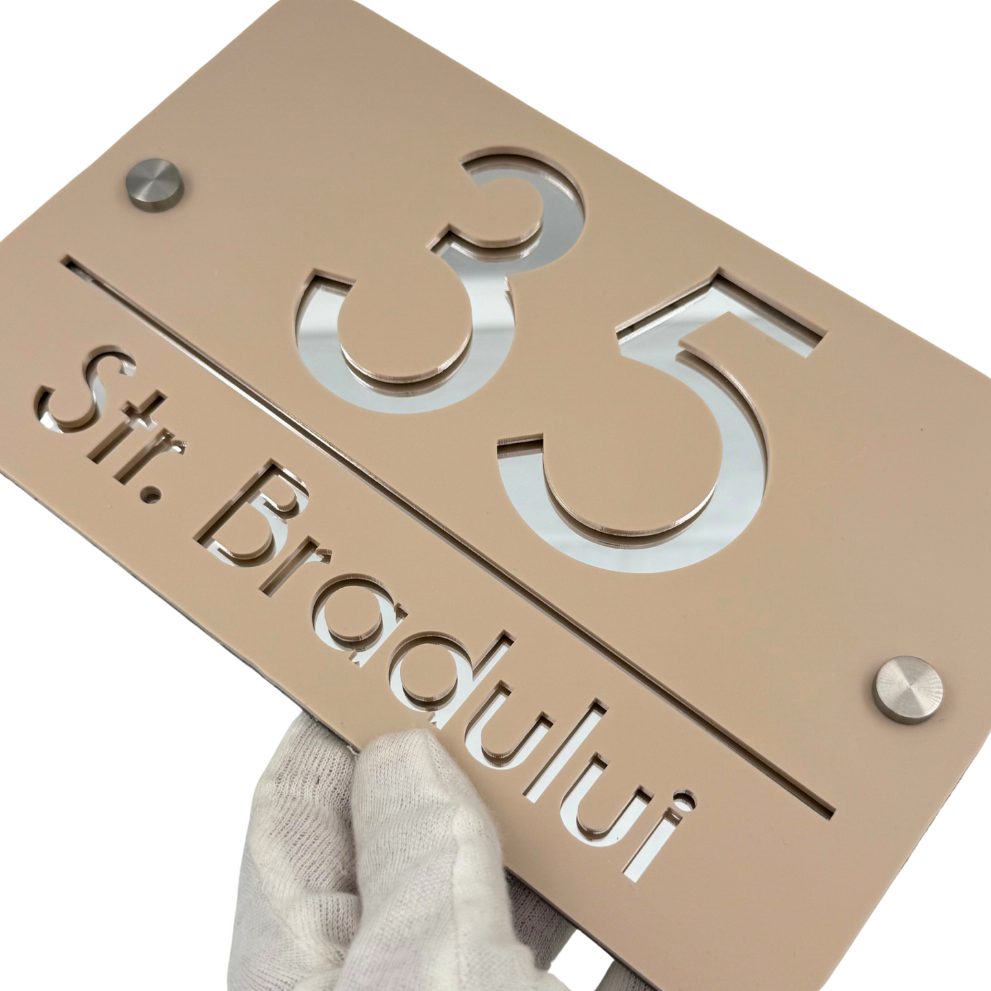 PREMIUM HOUSE NUMBER - Cream colour Satin Silver Mirror 2 Spacers Silver - 24×15 cm
