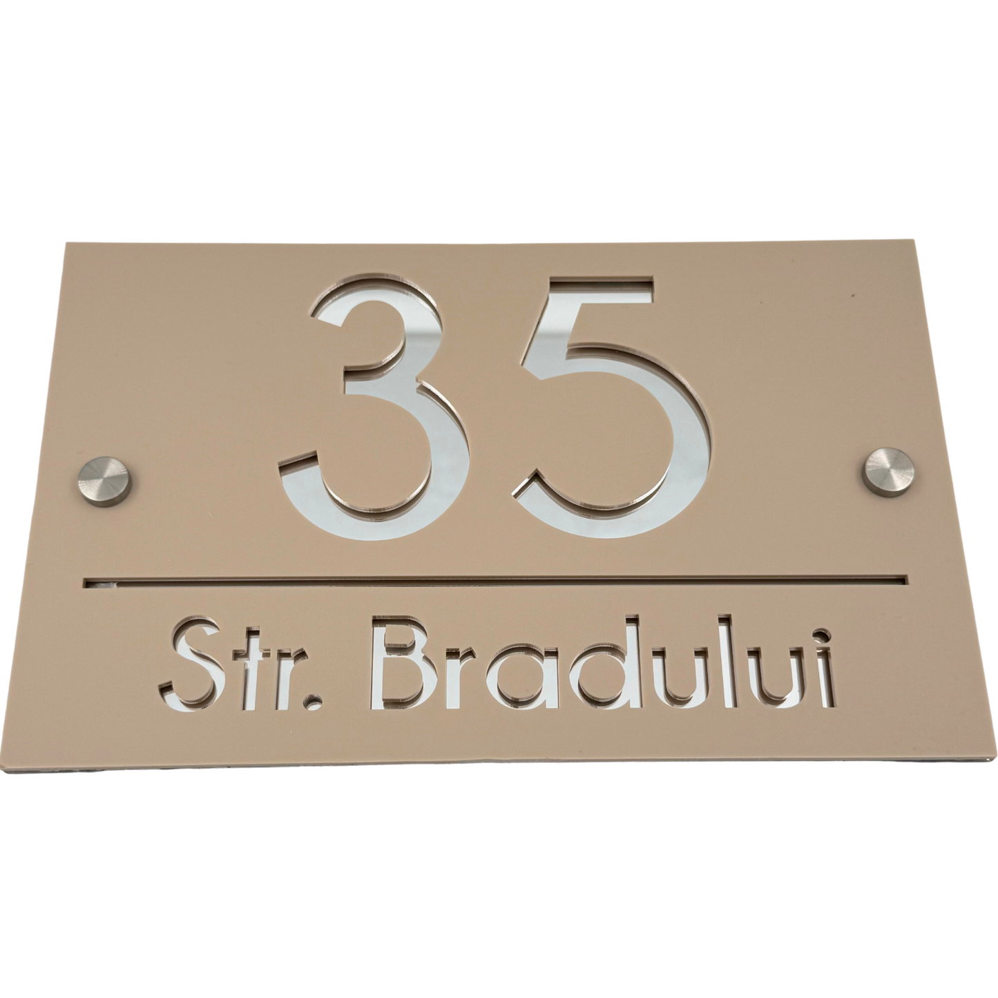 PREMIUM HOUSE NUMBER - Cream colour Satin Silver Mirror 2 Spacers Silver - 24×15 cm