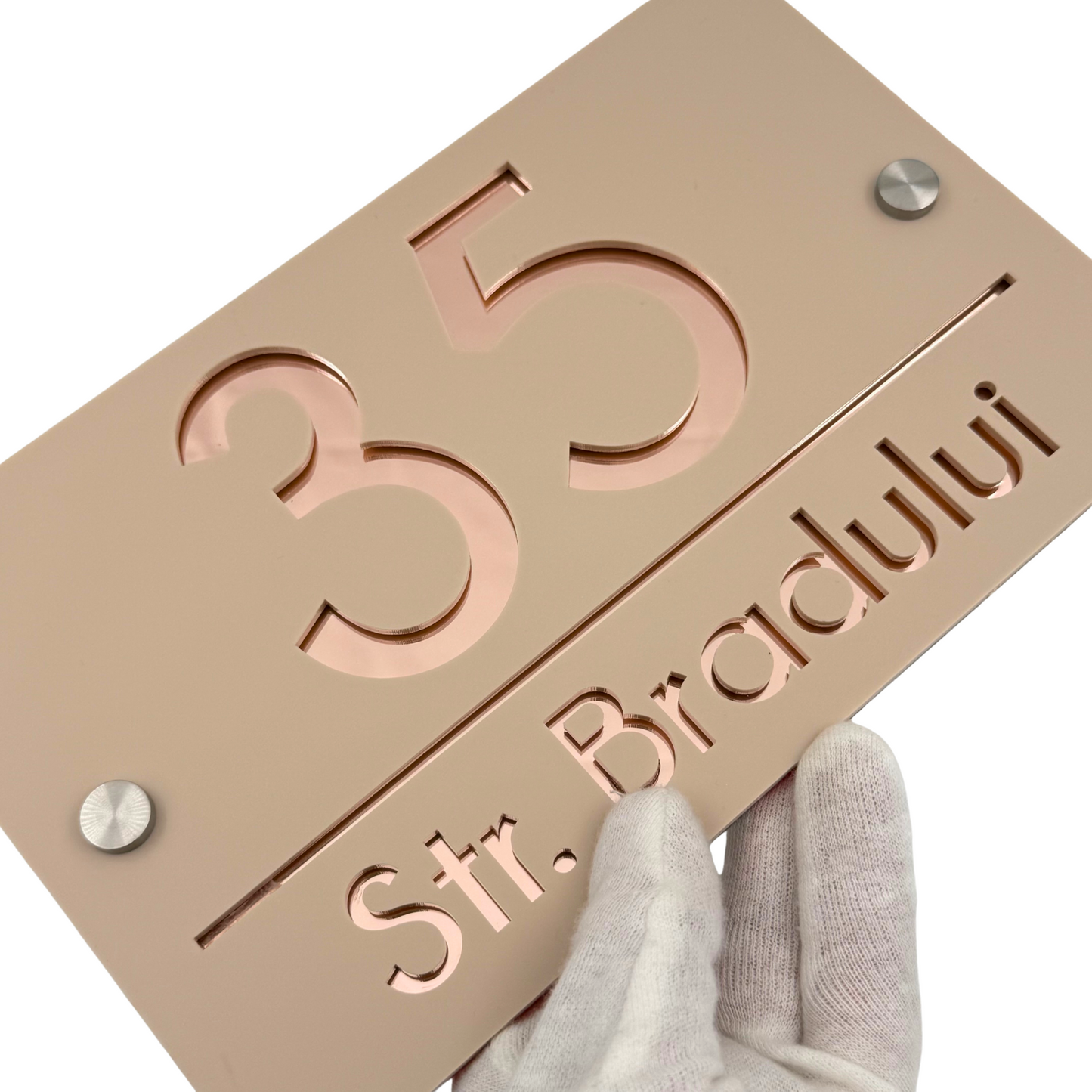 PREMIUM HOUSE NUMBER - Cream colour Satin Rose Gold Mirror 2 Spacers Silver - 24×15 cm