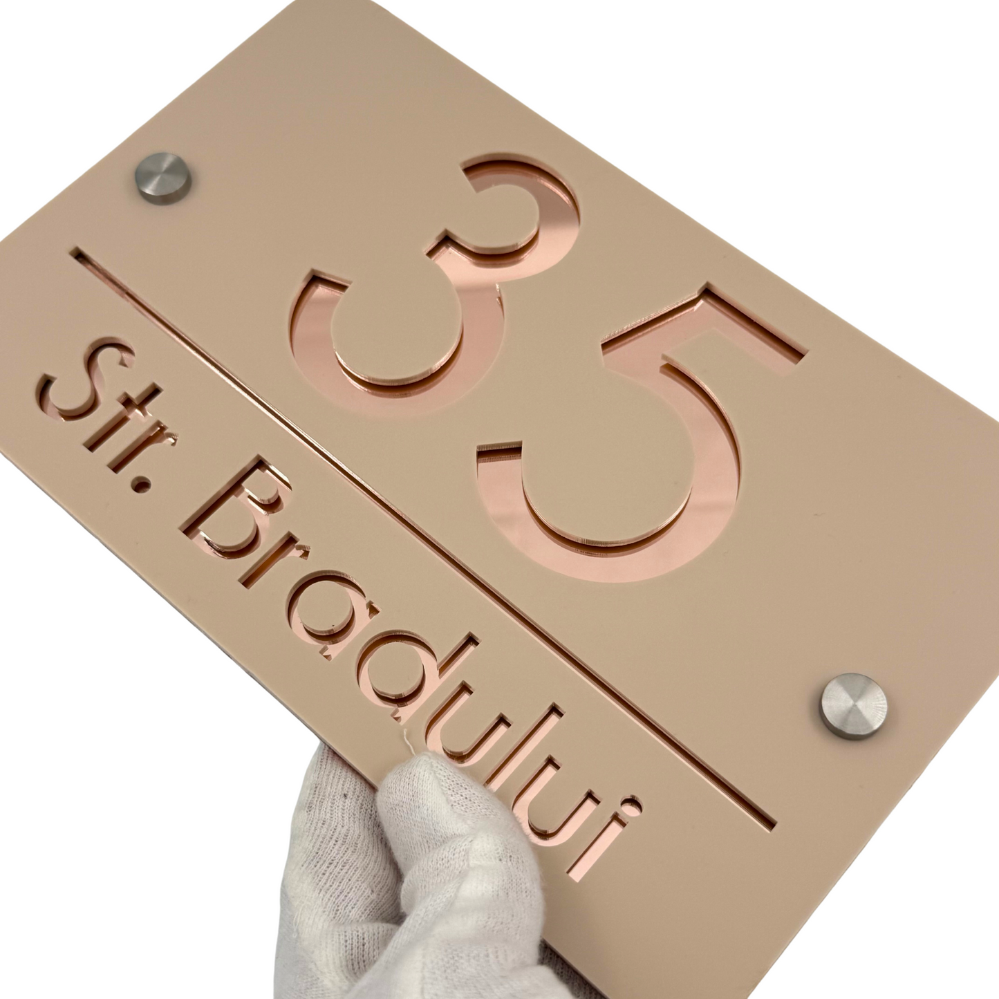 PREMIUM HOUSE NUMBER - Cream colour Satin Rose Gold Mirror 2 Spacers Silver - 24×15 cm