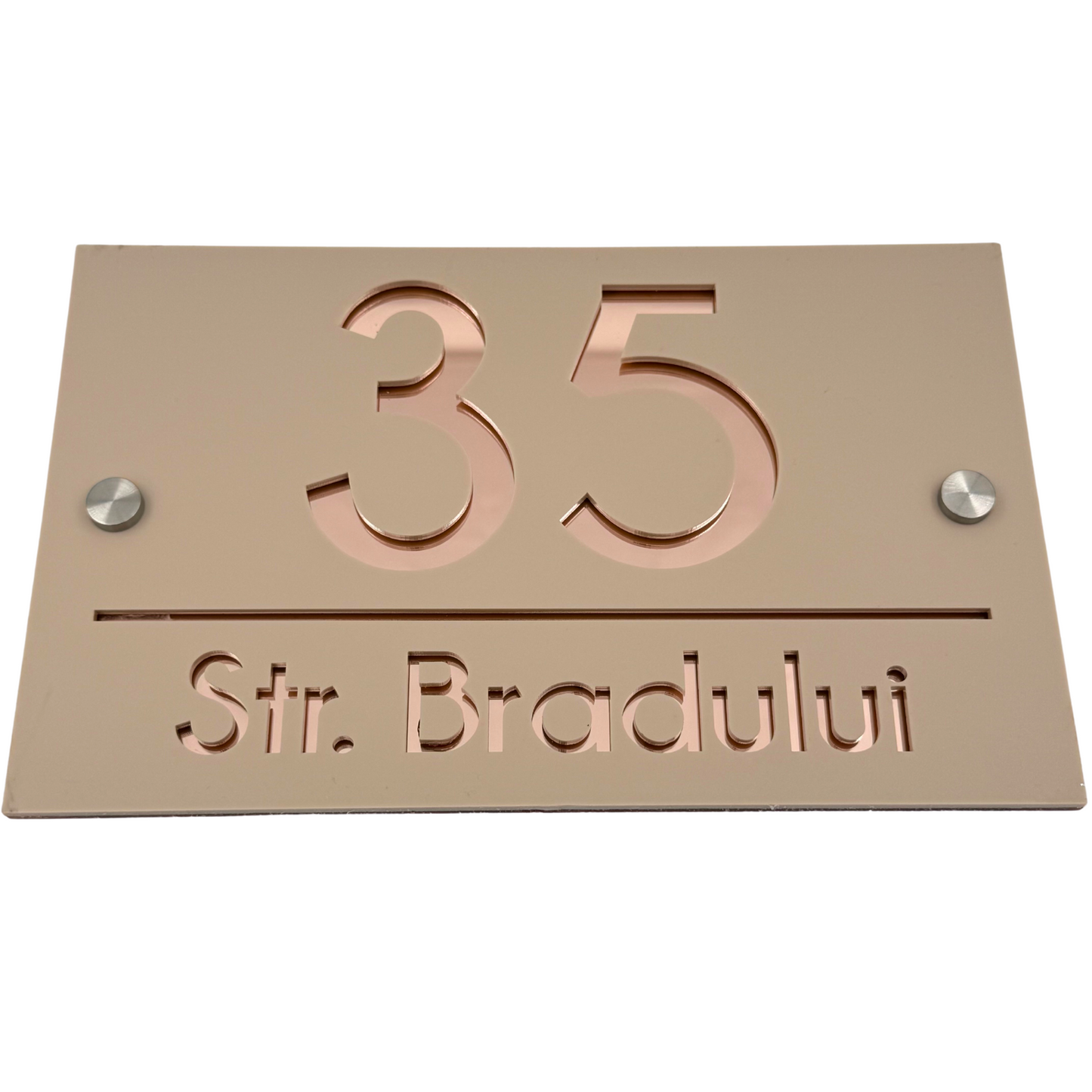 PREMIUM HOUSE NUMBER - Cream colour Satin Rose Gold Mirror 2 Spacers Silver - 24×15 cm