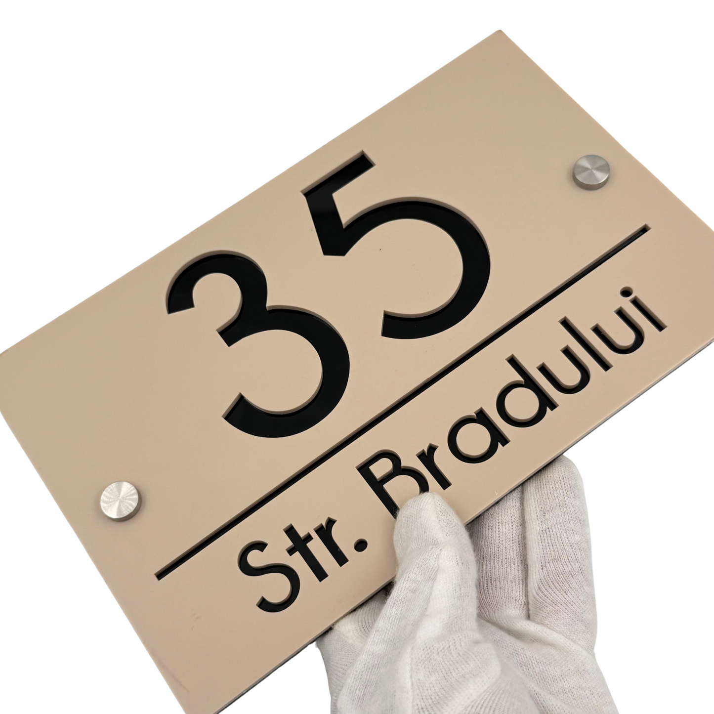PREMIUM HOUSE NUMBER - Cream colour Satin Glossy Black 2 Spacers Silver - 24×15 cm