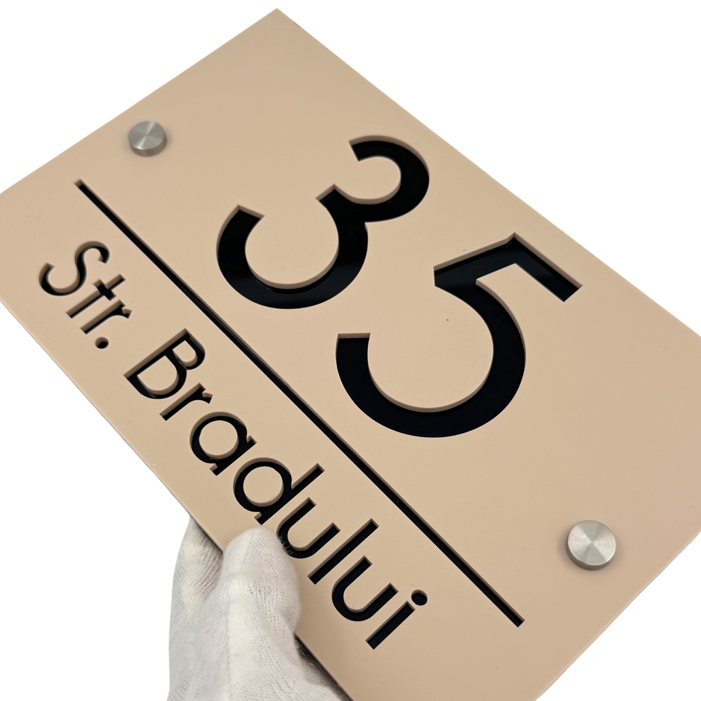 PREMIUM HOUSE NUMBER - Cream colour Satin Glossy Black 2 Spacers Silver - 24×15 cm