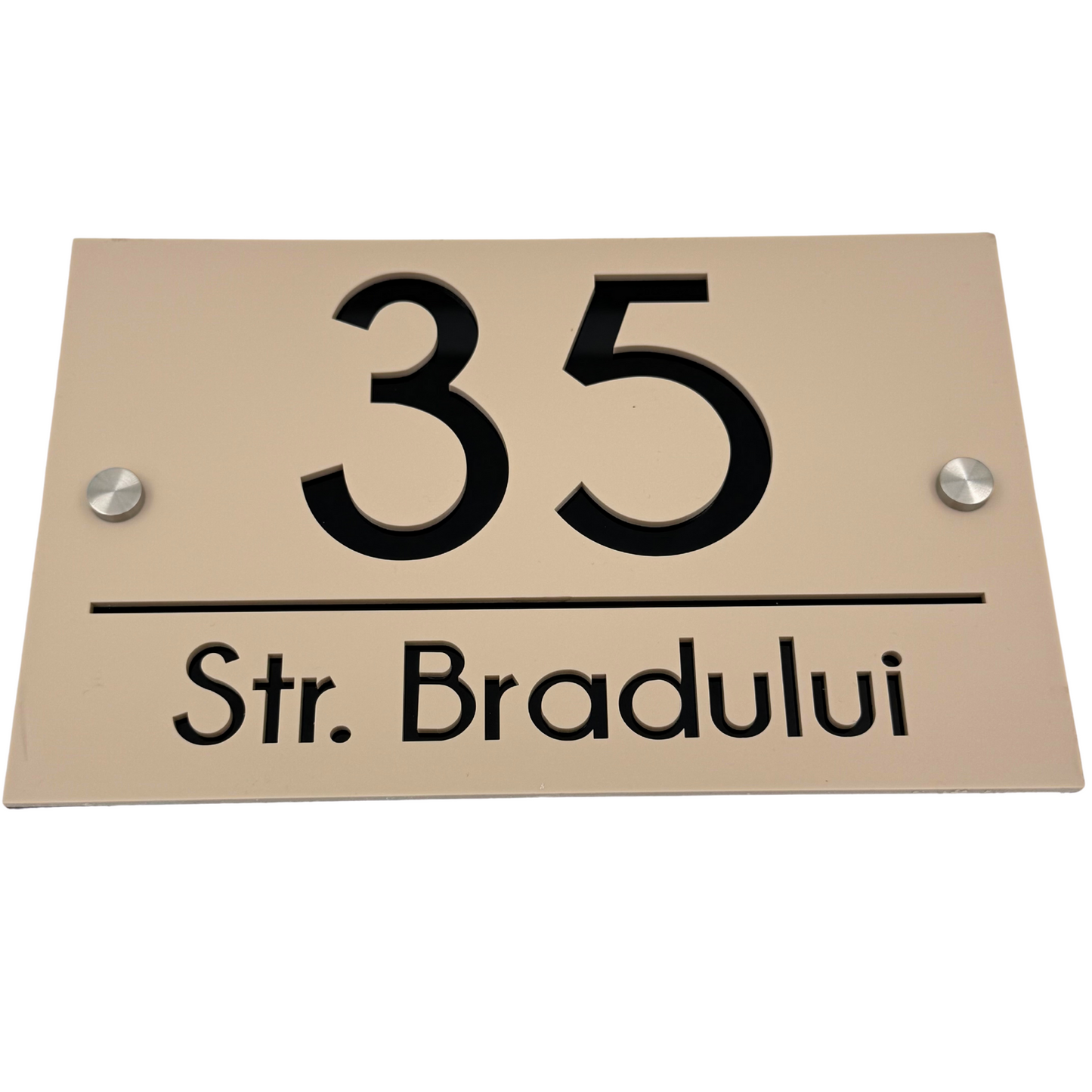 PREMIUM HOUSE NUMBER - Cream colour Satin Glossy Black 2 Spacers Silver - 24×15 cm