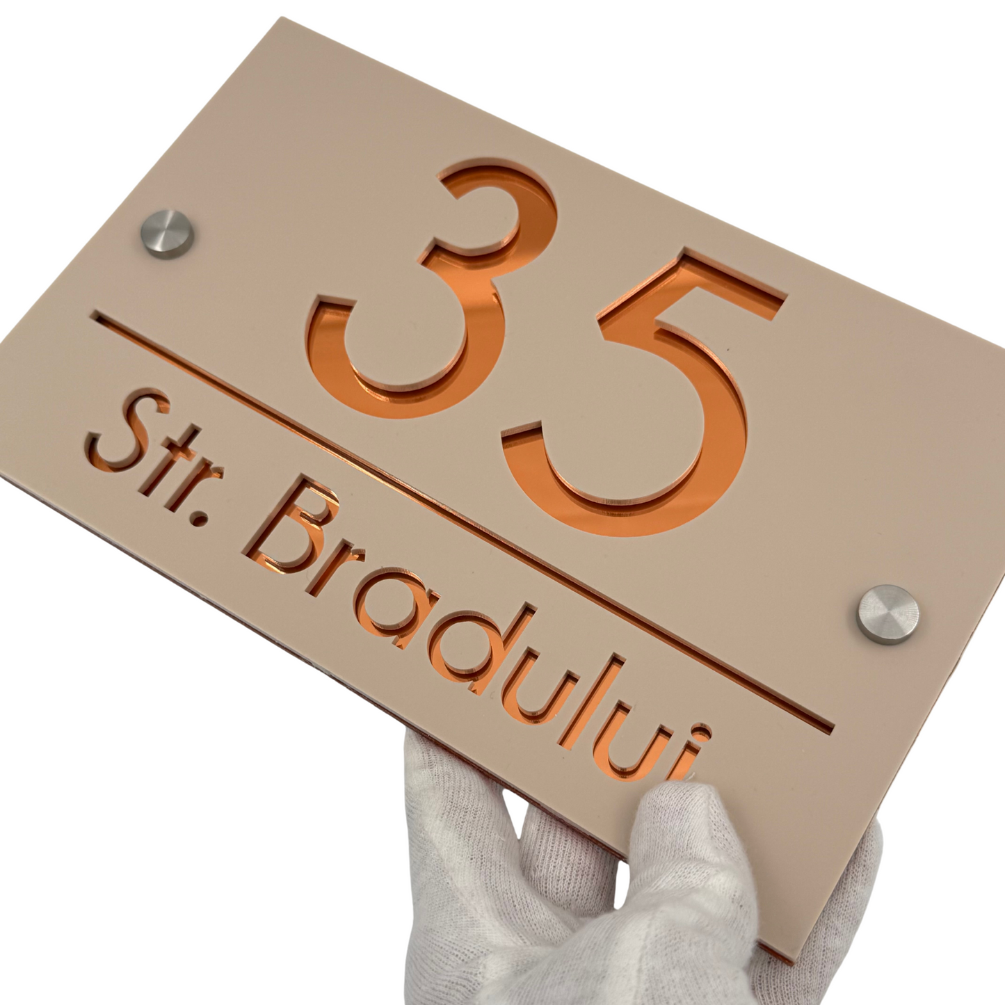 PREMIUM HOUSE NUMBER - Cream colour Satin Copper Mirror 2 Spacers Silver - 24×15 cm
