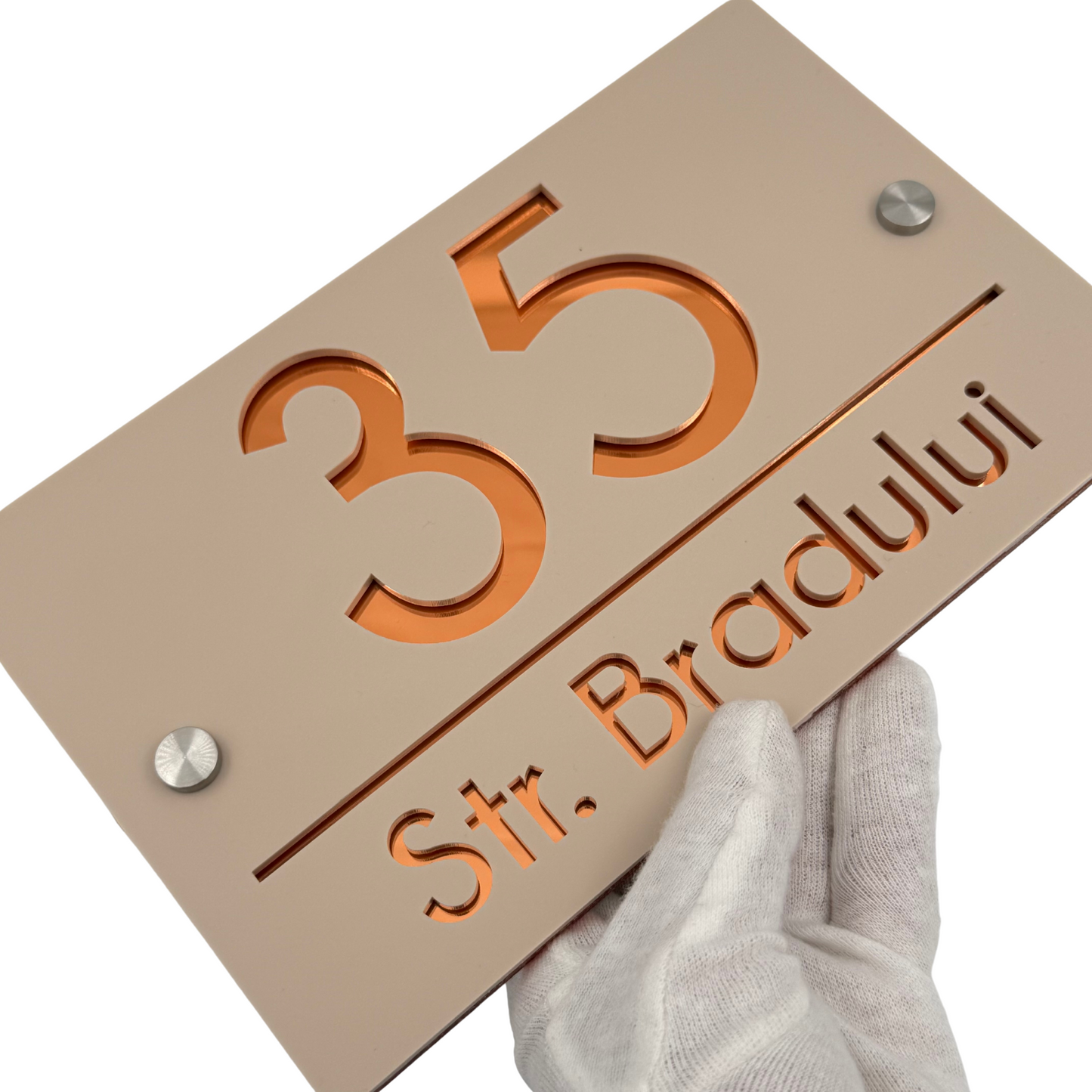 PREMIUM HOUSE NUMBER - Cream colour Satin Copper Mirror 2 Spacers Silver - 24×15 cm