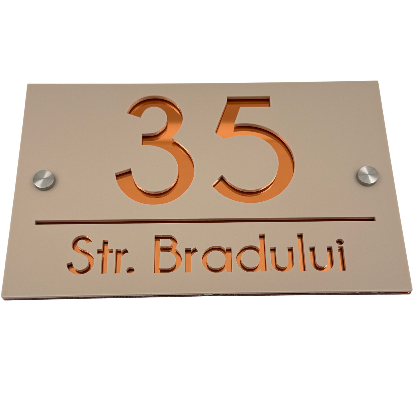 PREMIUM HOUSE NUMBER - Cream colour Satin Copper Mirror 2 Spacers Silver - 24×15 cm