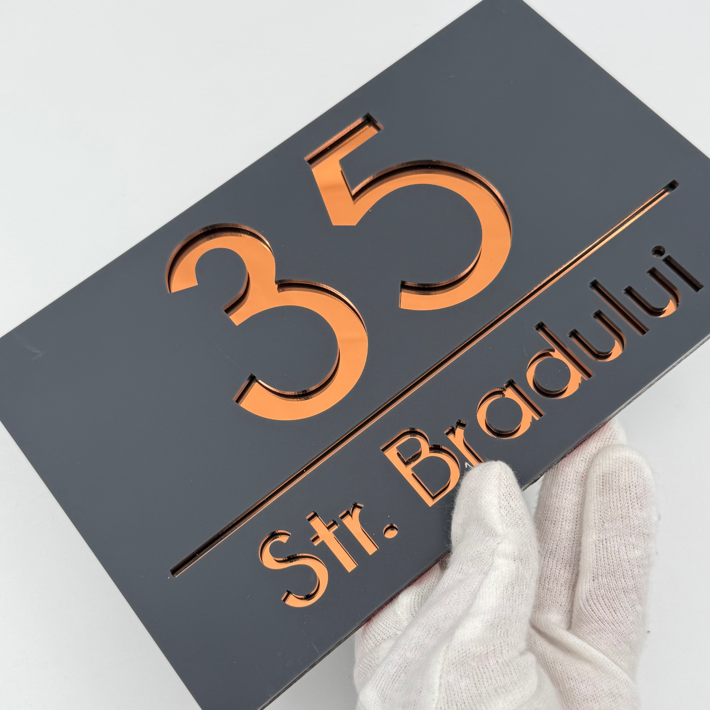 PREMIUM HOUSE NUMBER - Satin Grey Copper Mirror - 24×15 cm