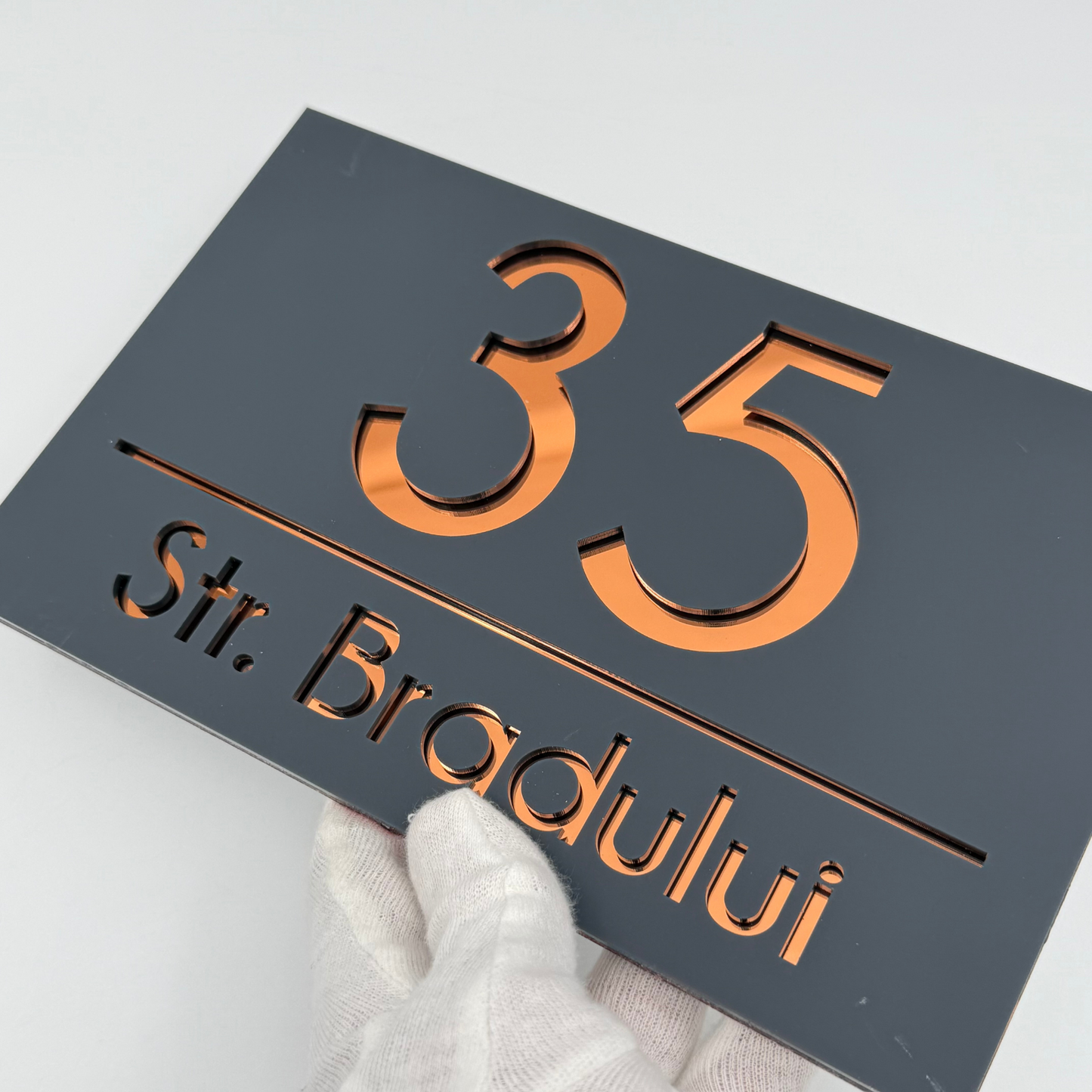 PREMIUM HOUSE NUMBER - Satin Grey Copper Mirror - 24×15 cm