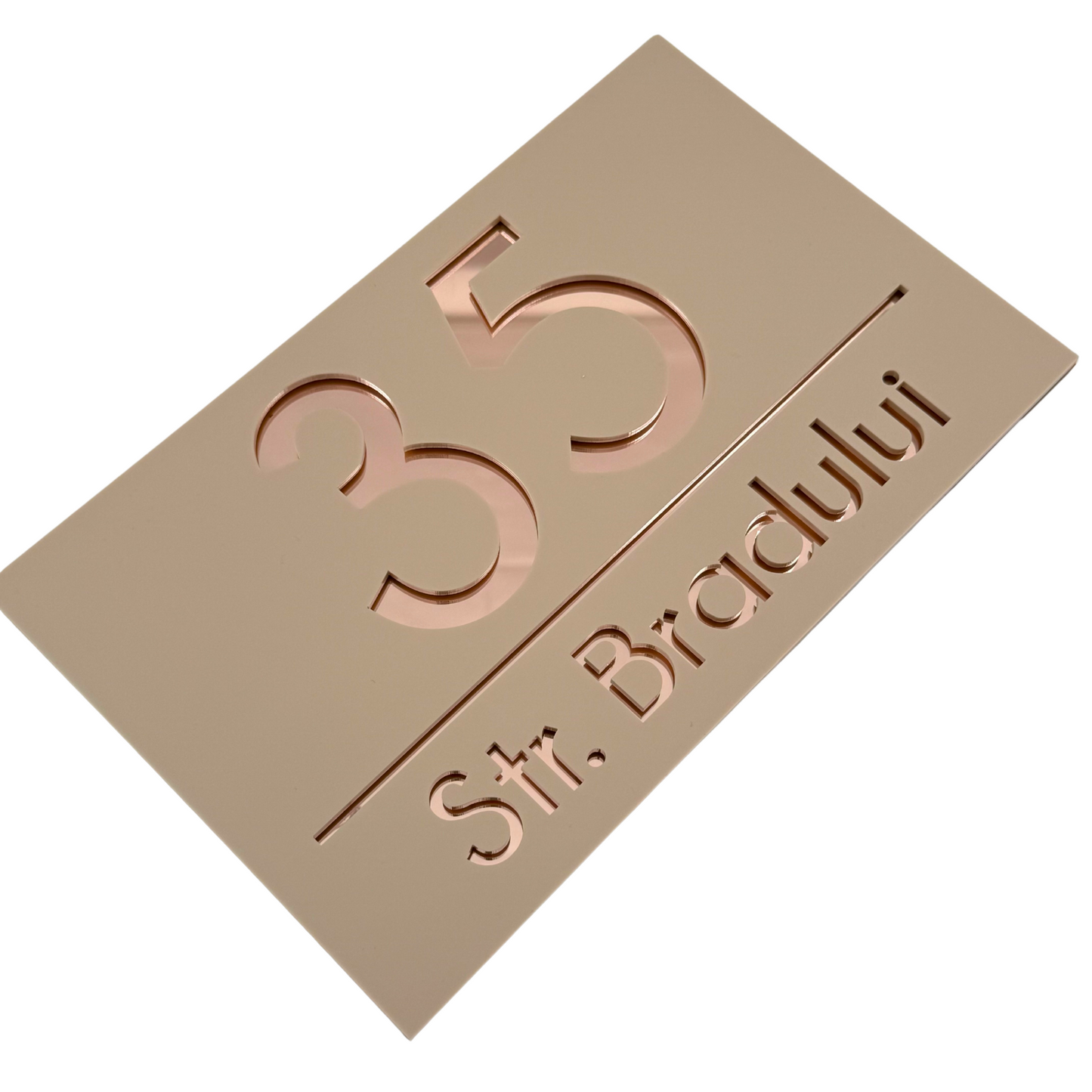 PREMIUM HOUSE NUMBER - Cream colour Satin Rose Gold Mirror - 24×15 cm