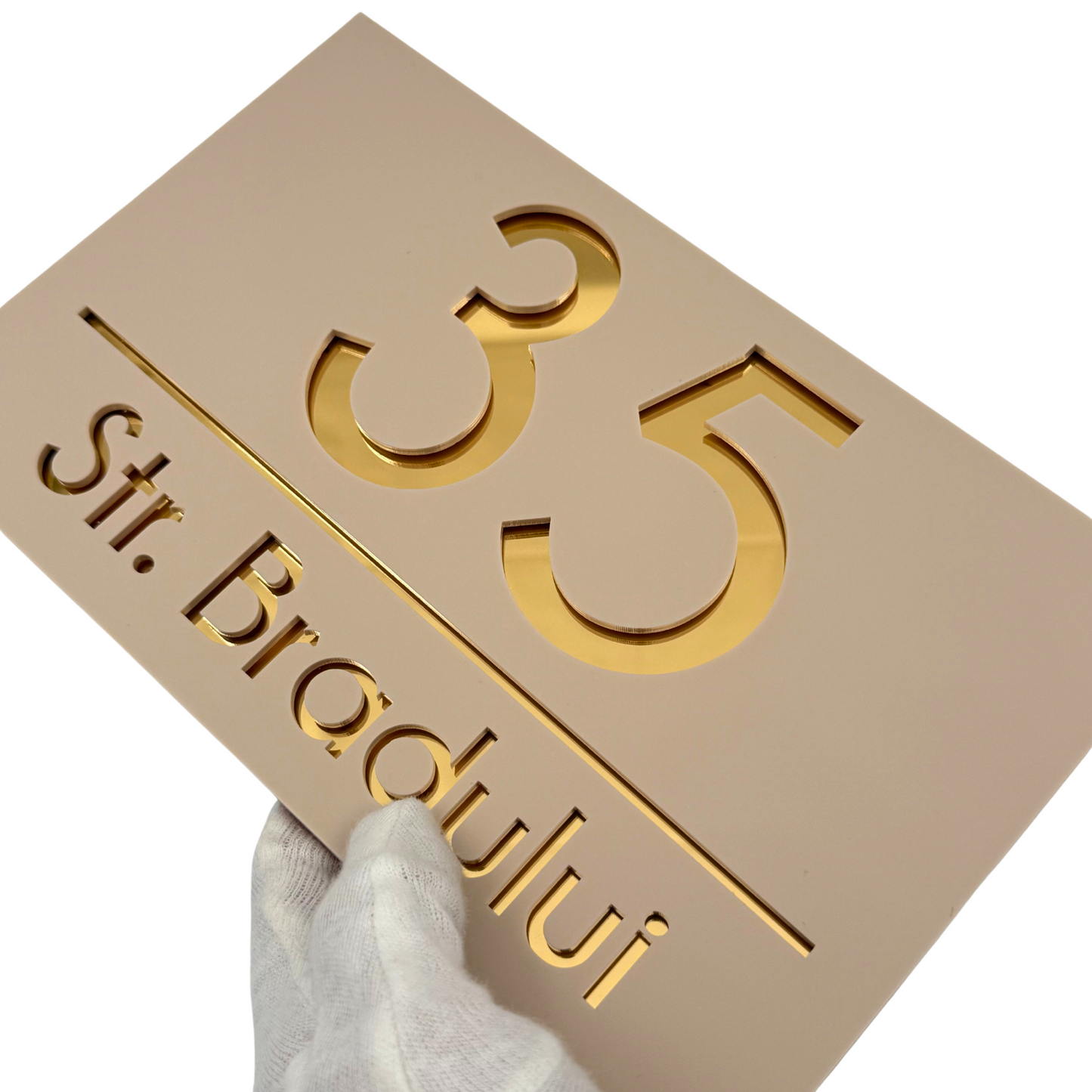 PREMIUM HOUSE NUMBER - Cream colour Satin Gold Mirror - 24×15 cm
