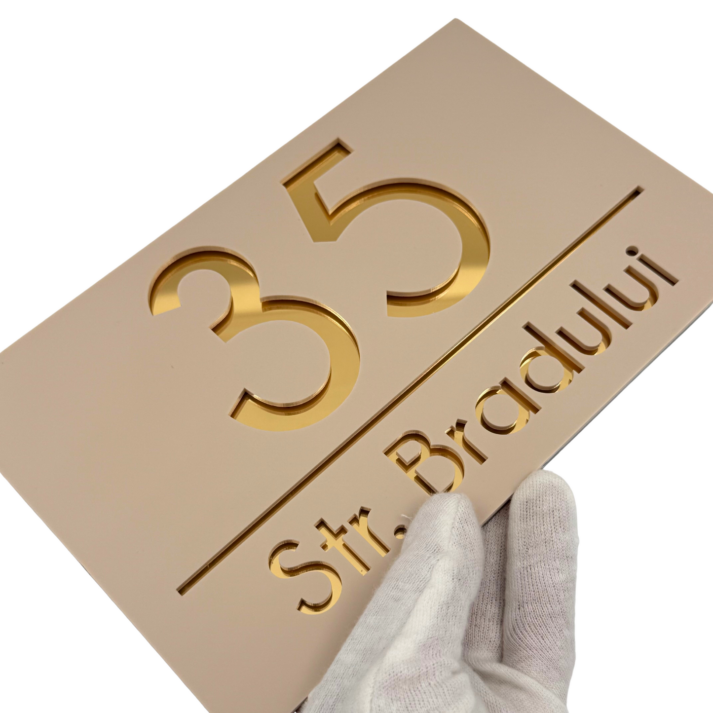 PREMIUM HOUSE NUMBER - Cream colour Satin Gold Mirror - 24×15 cm