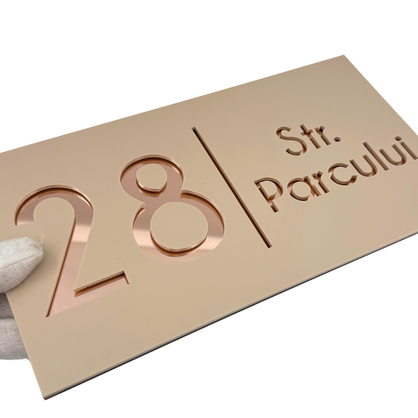 PREMIUM HOUSE NUMBER - Cream colour Satin Rose Gold Mirror - 28×15 cm