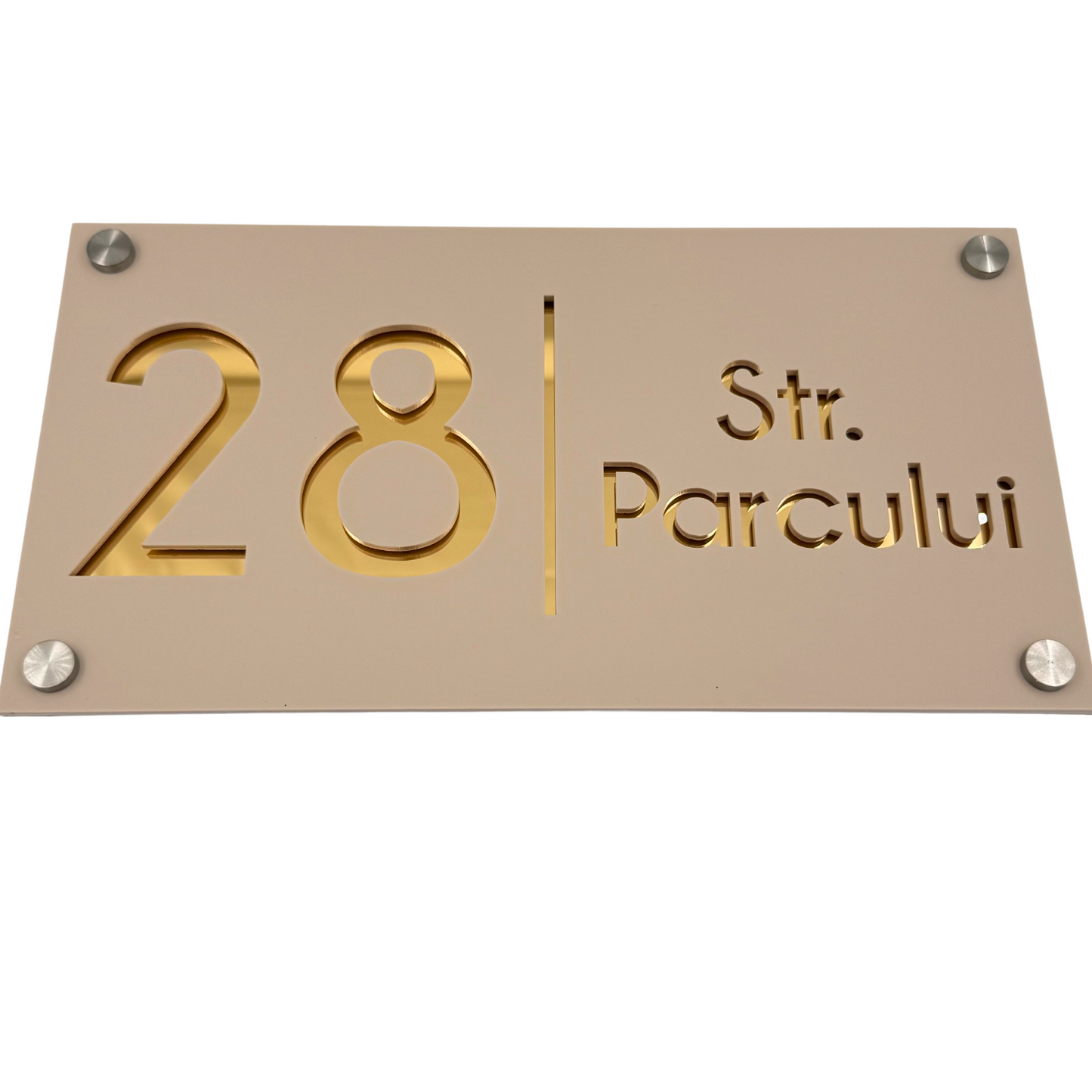 PREMIUM HOUSE NUMBER - Cream colour Satin Gold Mirror 4 Spacers Silver - 28×15 cm