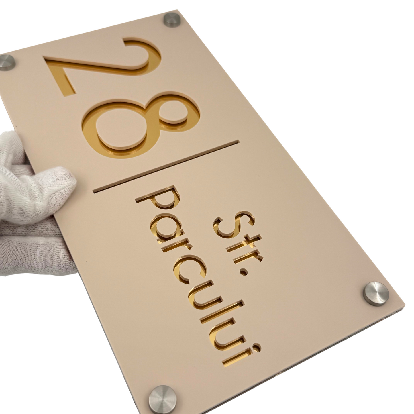 PREMIUM HOUSE NUMBER - Cream colour Satin Gold Mirror 4 Spacers Silver - 28×15 cm