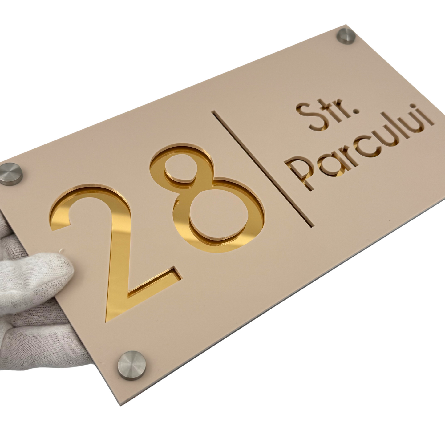 PREMIUM HOUSE NUMBER - Cream colour Satin Gold Mirror 4 Spacers Silver - 28×15 cm