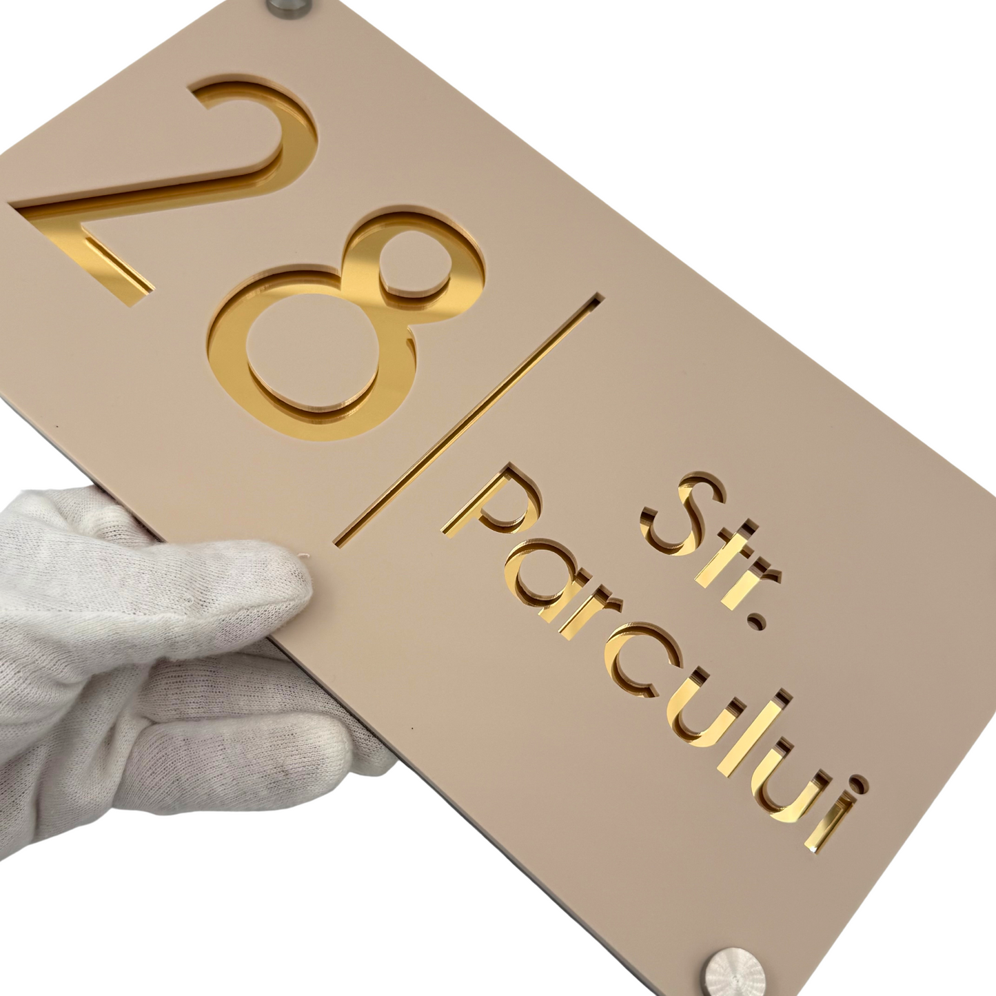 PREMIUM HOUSE NUMBER - Cream colour Satin Gold Mirror 4 Spacers Silver - 28×15 cm
