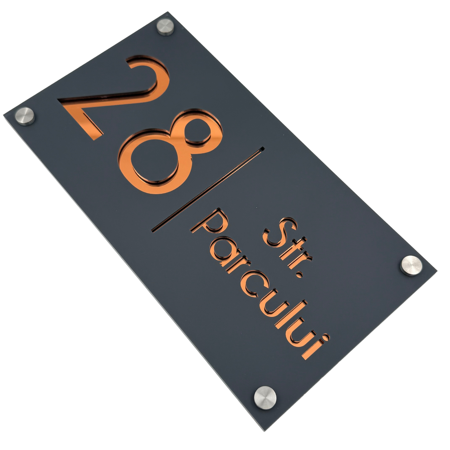PREMIUM HOUSE NUMBER - Satin Grey Copper Mirror 4 Spacers Silver - 28×15 cm