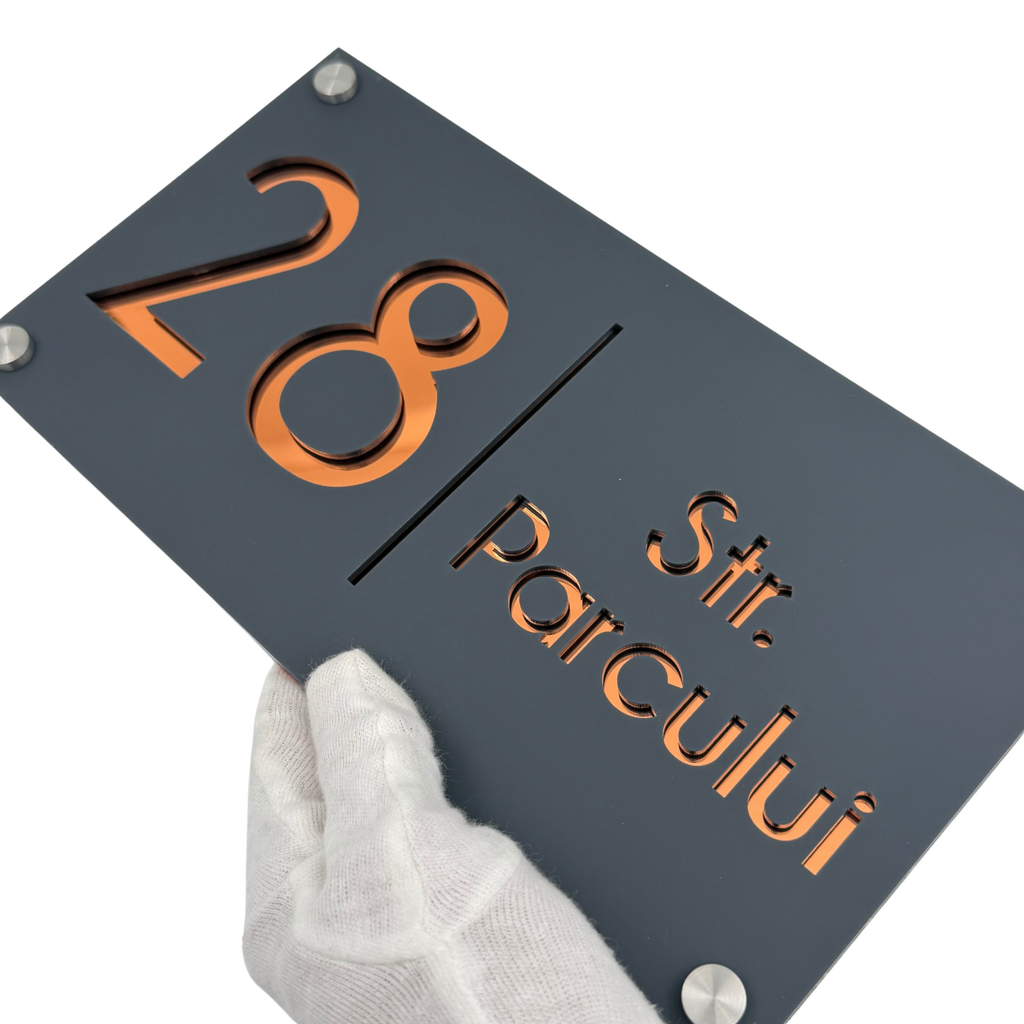 PREMIUM HOUSE NUMBER - Satin Grey Copper Mirror 4 Spacers Silver - 28×15 cm