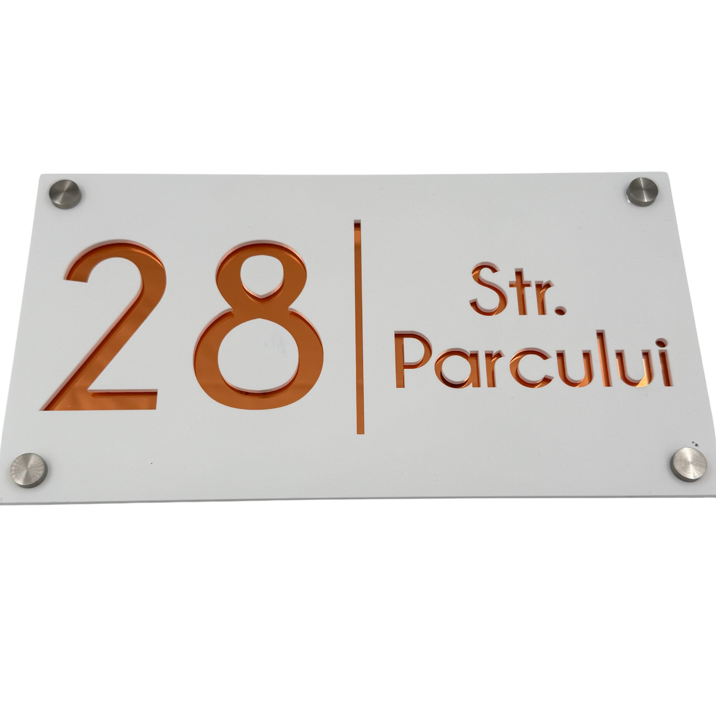 PREMIUM HOUSE NUMBER - White Satin Copper Mirror 4 Spacers Silver - 28×15 cm