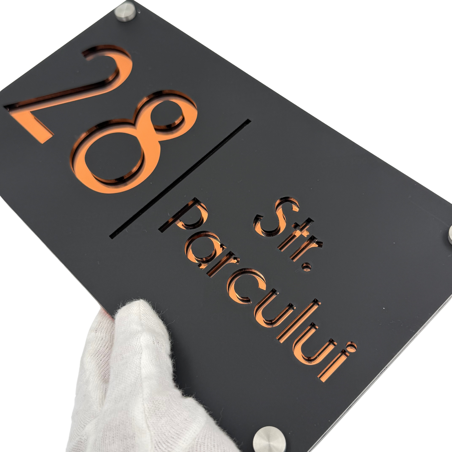 PREMIUM HOUSE NUMBER - Satin Black Copper Mirror 4 Spacers Silver - 28×15 cm