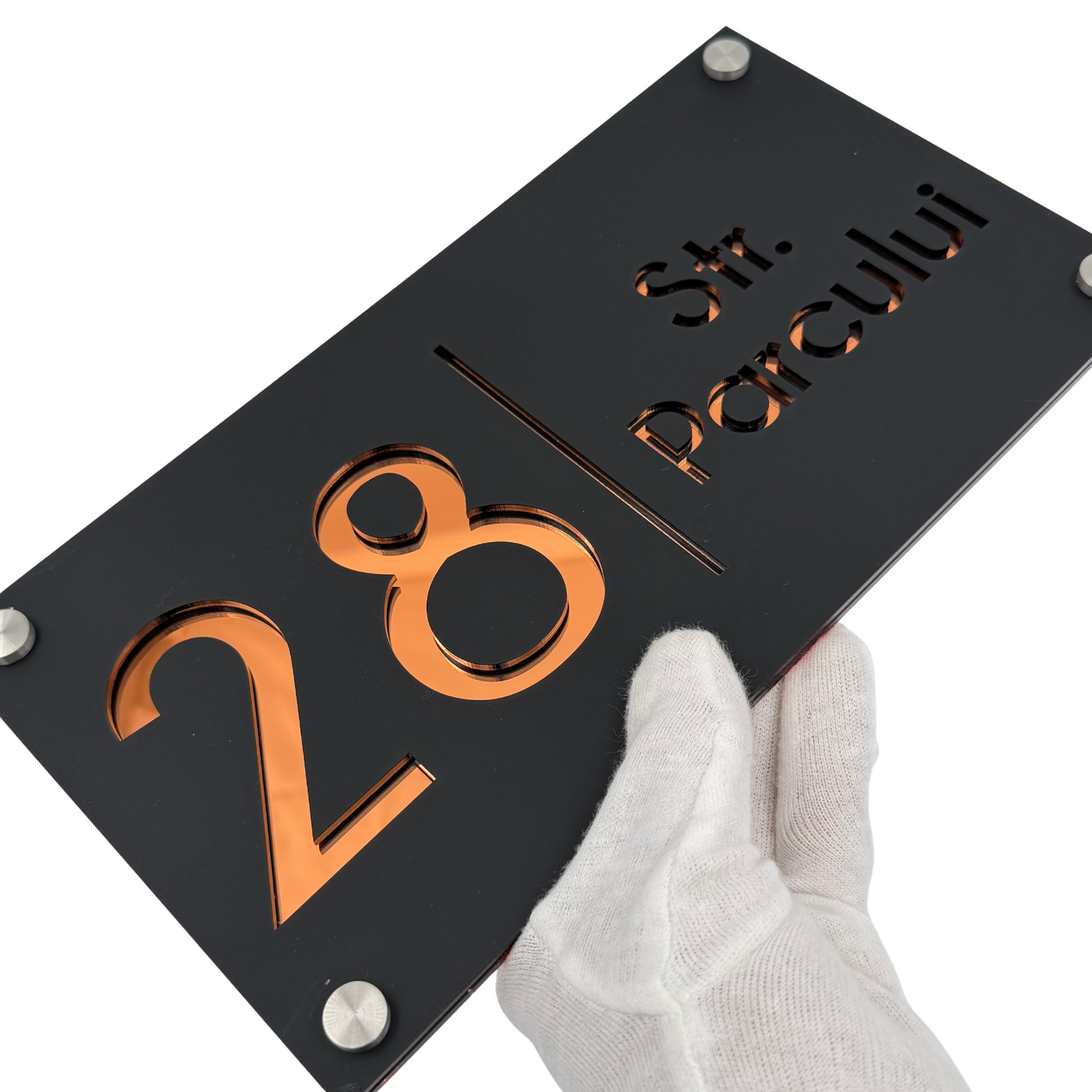 PREMIUM HOUSE NUMBER - Satin Black Copper Mirror 4 Spacers Silver - 28×15 cm