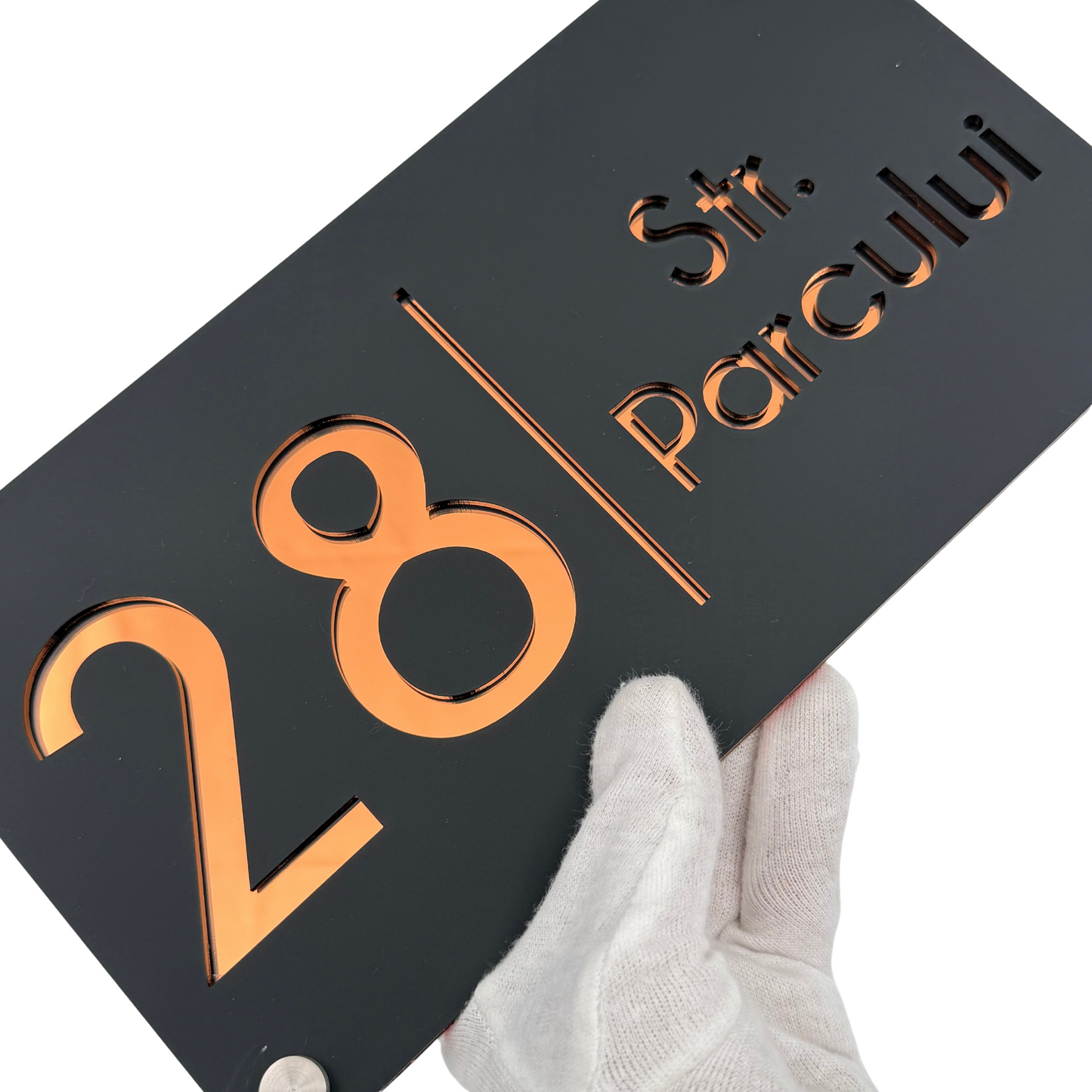 PREMIUM HOUSE NUMBER - Satin Black Copper Mirror 4 Spacers Silver - 28×15 cm
