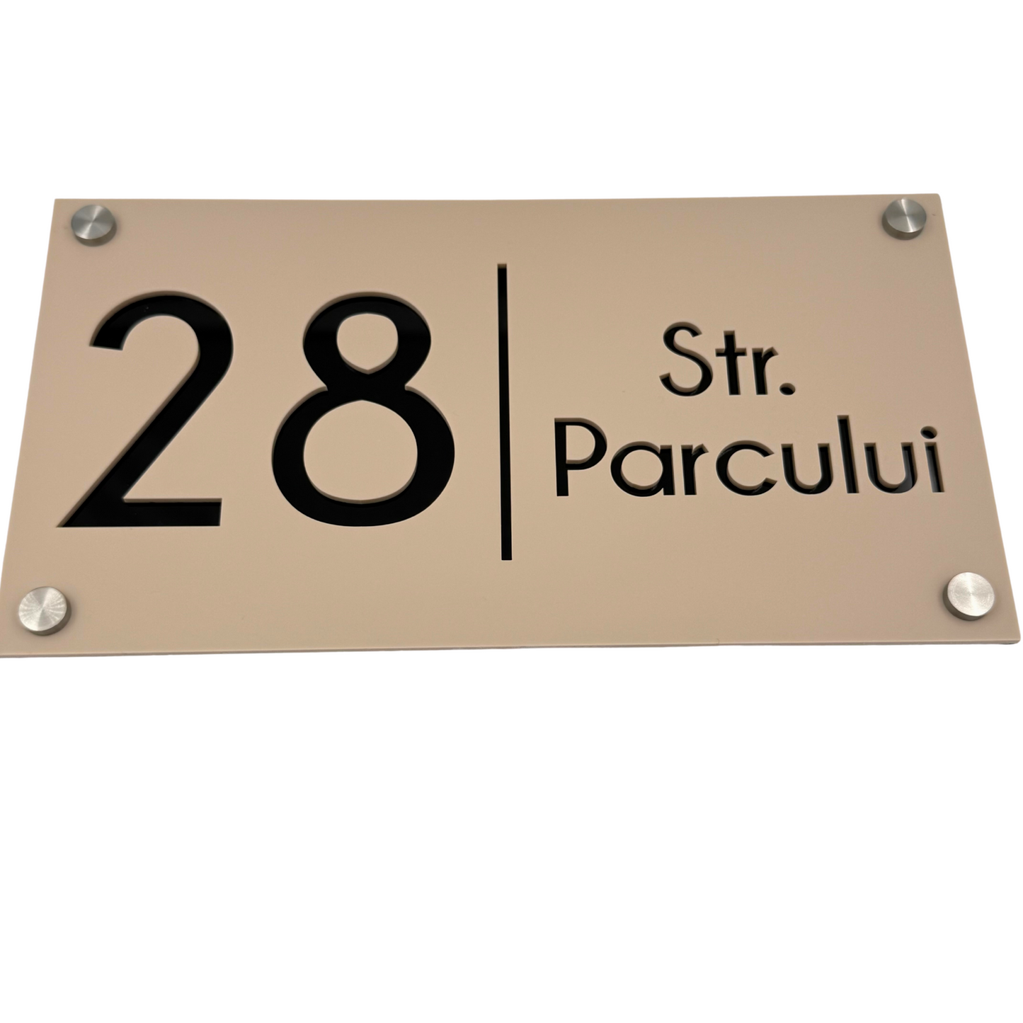 PREMIUM HOUSE NUMBER - Cream colour Satin Black Mirror 4 Spacers Silver - 28×15 cm
