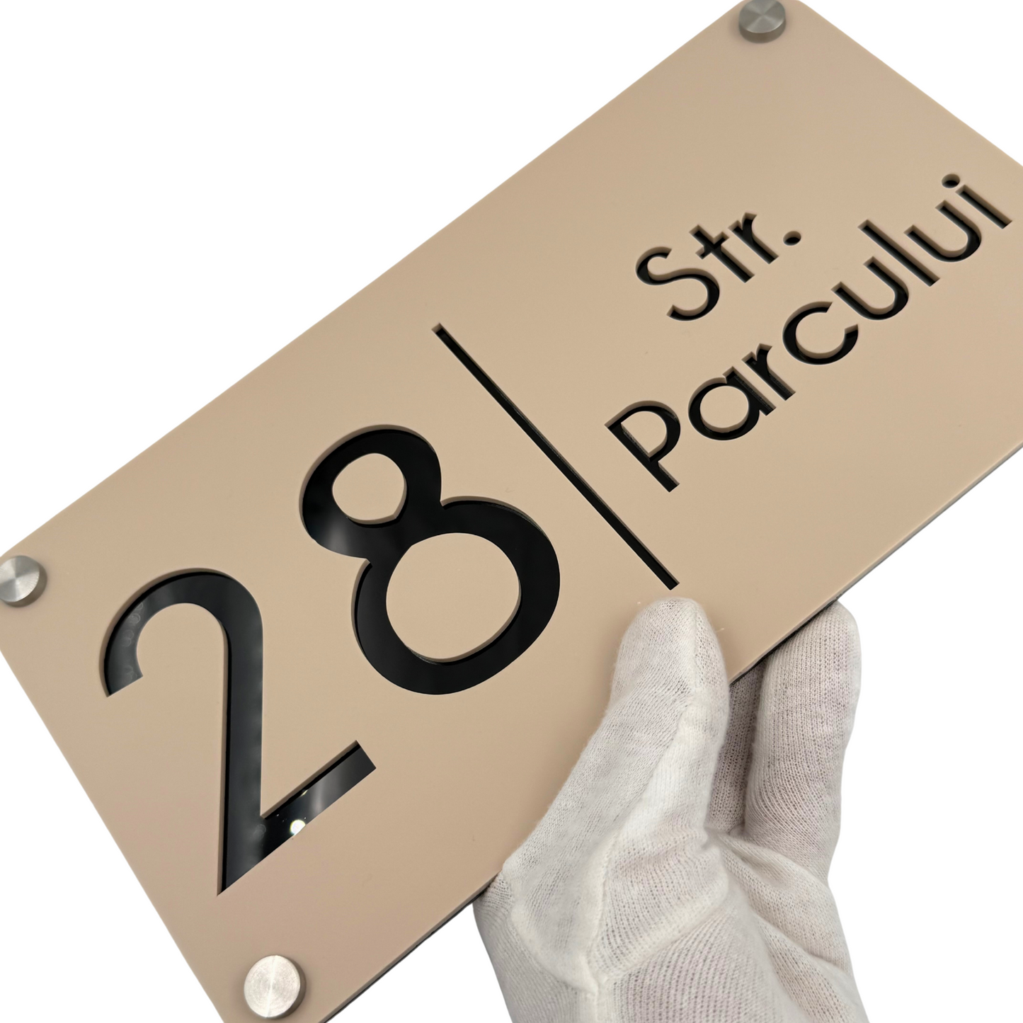 PREMIUM HOUSE NUMBER - Cream colour Satin Black Mirror 4 Spacers Silver - 28×15 cm