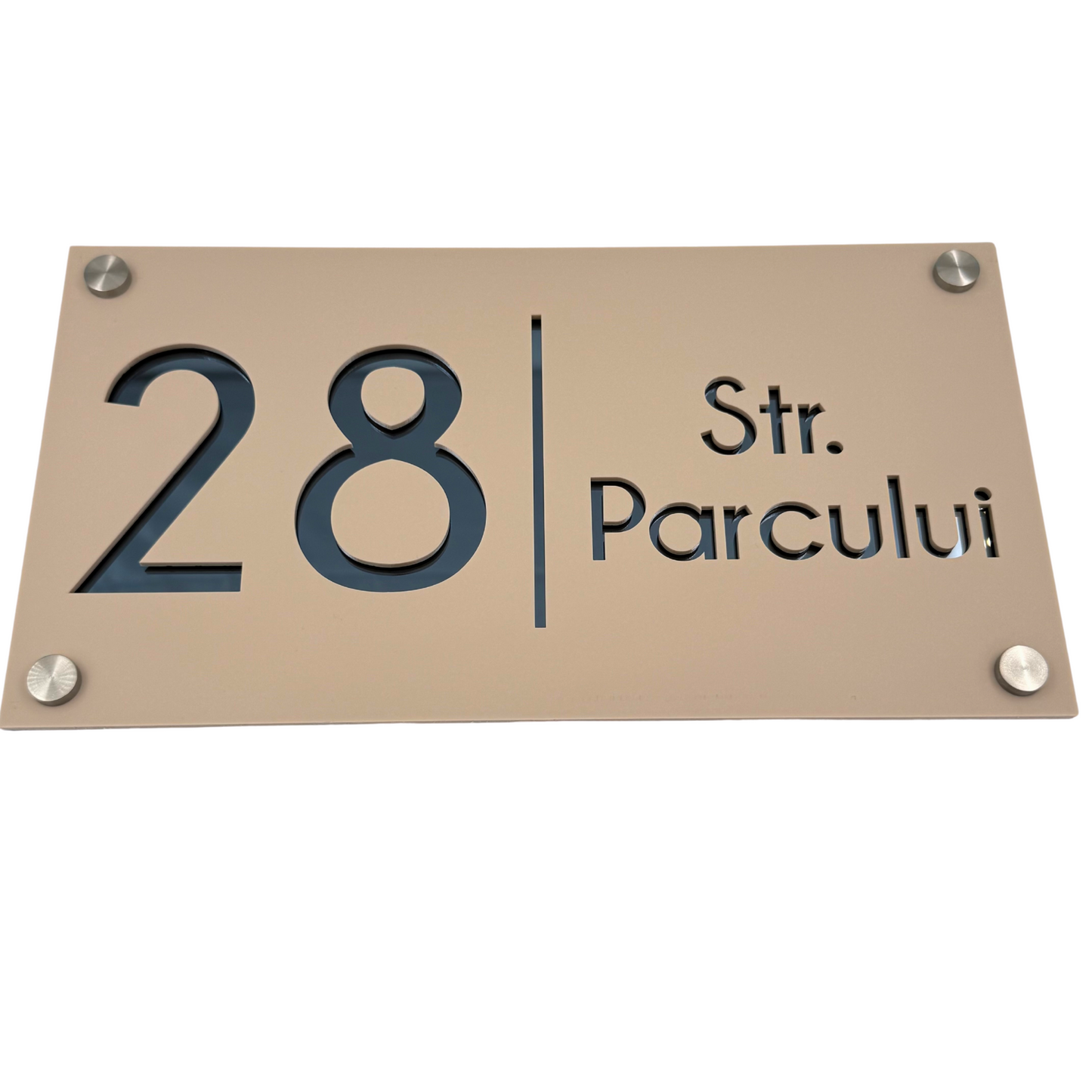 PREMIUM HOUSE NUMBER - Cream colour Satin Anthracite Grey Mirror 4 Spacers Silver - 28×15 cm