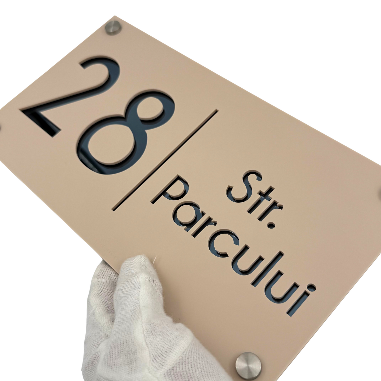 PREMIUM HOUSE NUMBER - Cream colour Satin Anthracite Grey Mirror 4 Spacers Silver - 28×15 cm
