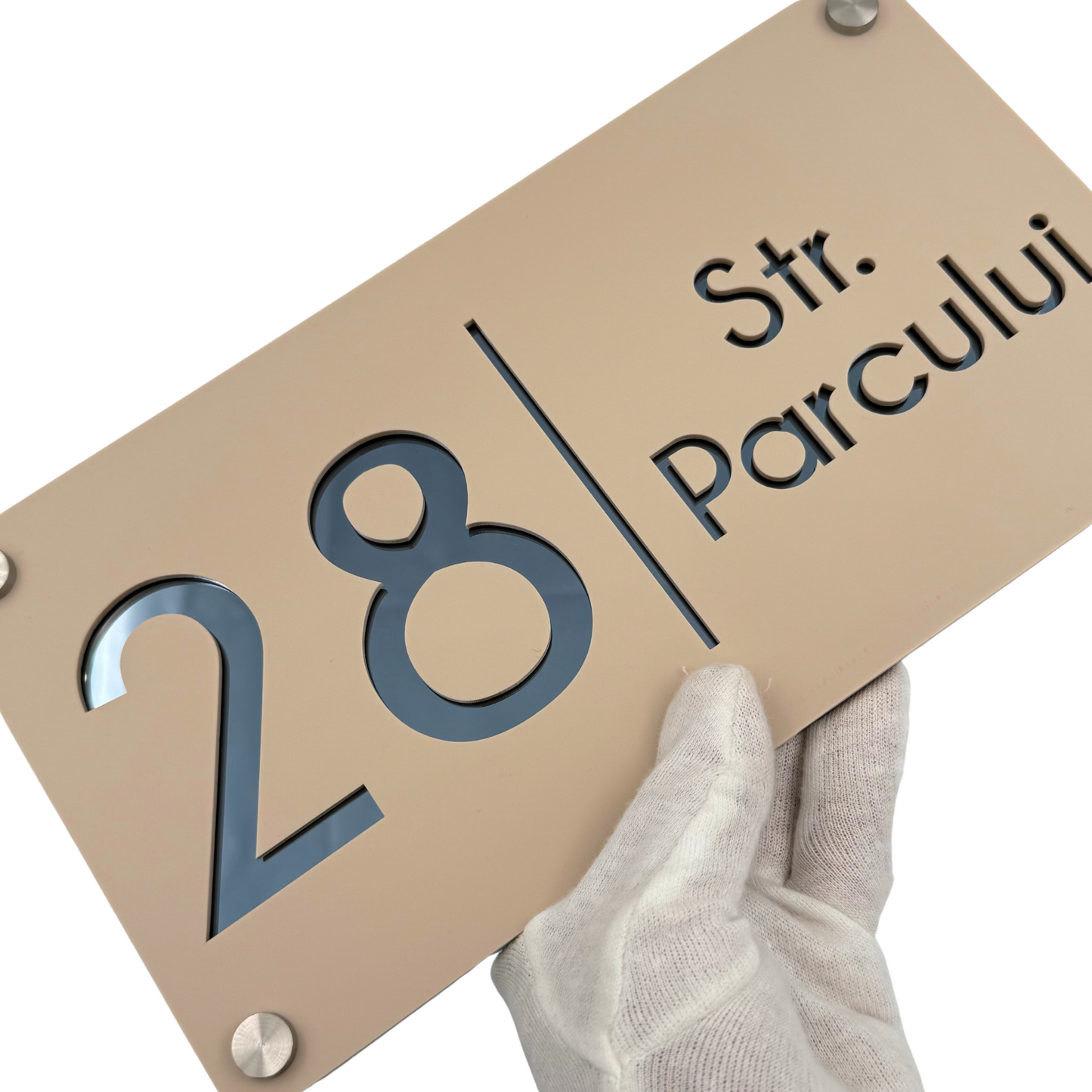 PREMIUM HOUSE NUMBER - Cream colour Satin Anthracite Grey Mirror 4 Spacers Silver - 28×15 cm