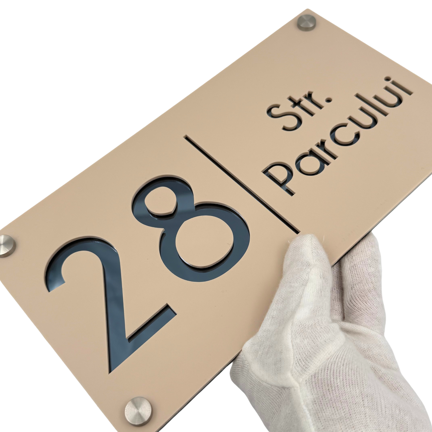 PREMIUM HOUSE NUMBER - Cream colour Satin Anthracite Grey Mirror 4 Spacers Silver - 28×15 cm