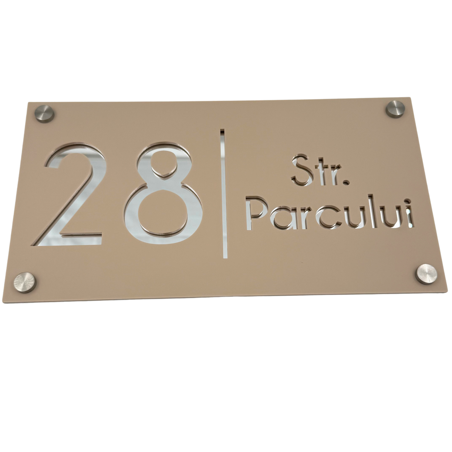 PREMIUM HOUSE NUMBER - Cream colour Satin Silver Mirror 4 Spacers Silver - 28×15 cm