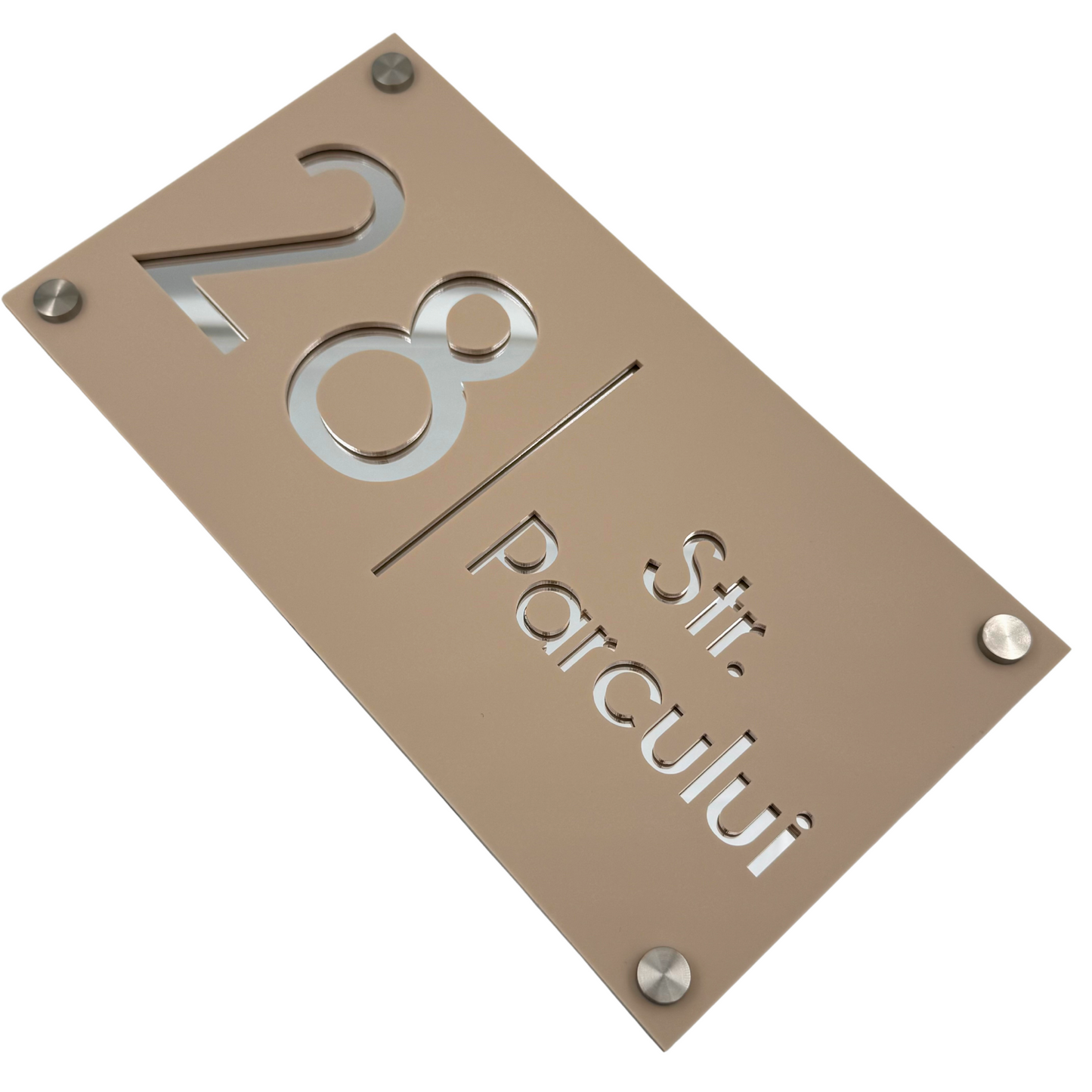 PREMIUM HOUSE NUMBER - Cream colour Satin Silver Mirror 4 Spacers Silver - 28×15 cm