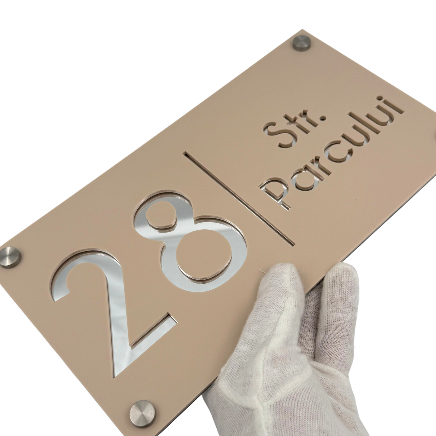 PREMIUM HOUSE NUMBER - Cream colour Satin Silver Mirror 4 Spacers Silver - 28×15 cm