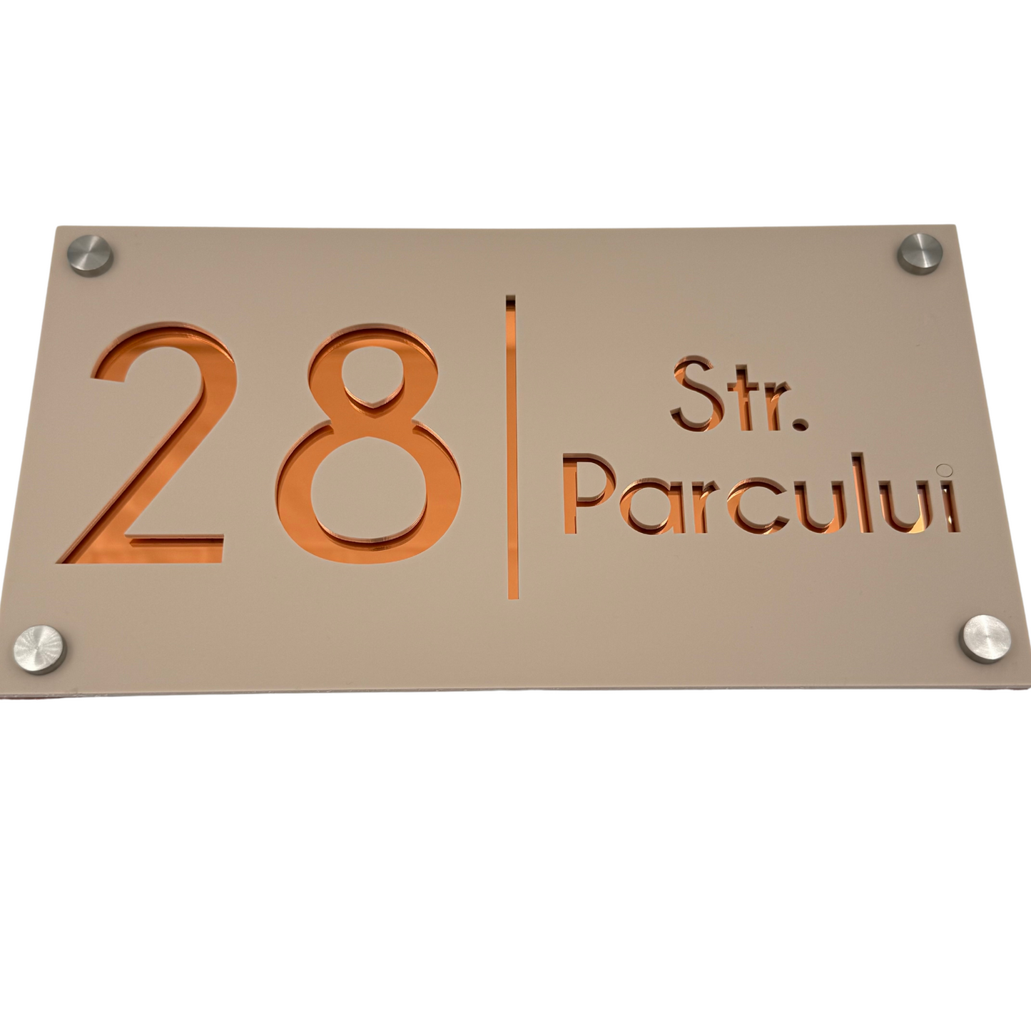 PREMIUM HOUSE NUMBER - Cream colour Satin Copper Mirror 4 Spacers Silver - 28×15 cm