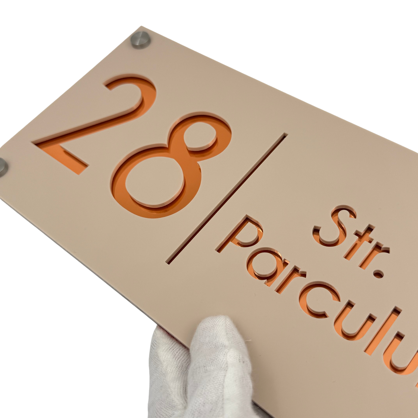 PREMIUM HOUSE NUMBER - Cream colour Satin Copper Mirror 4 Spacers Silver - 28×15 cm