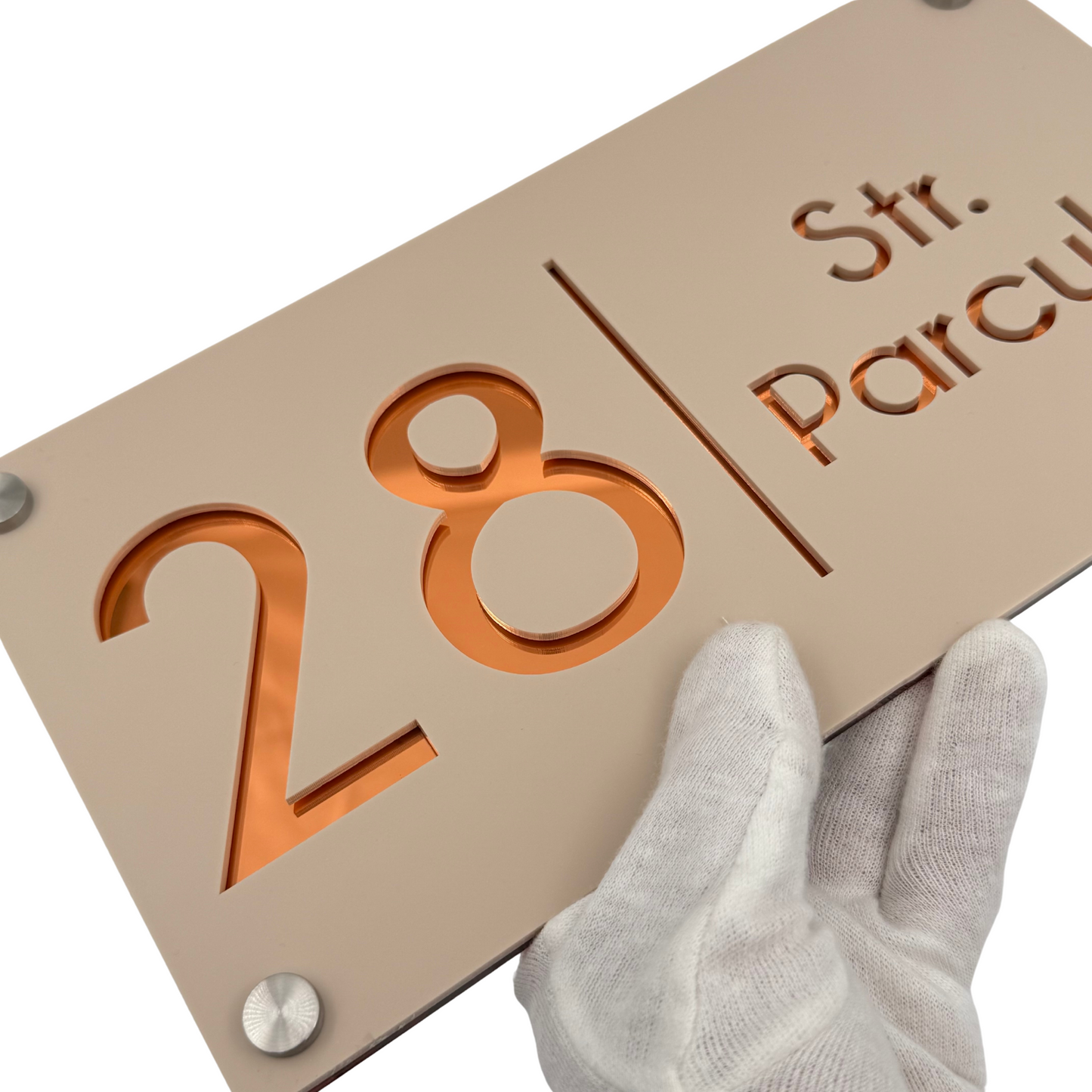 PREMIUM HOUSE NUMBER - Cream colour Satin Copper Mirror 4 Spacers Silver - 28×15 cm